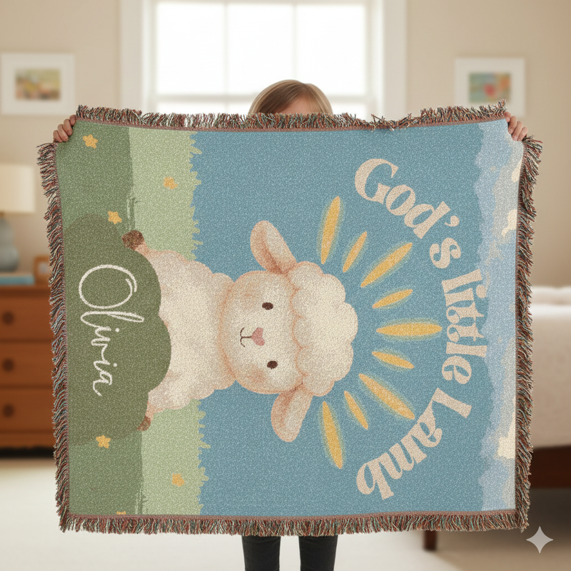 a child holding a woven blanket