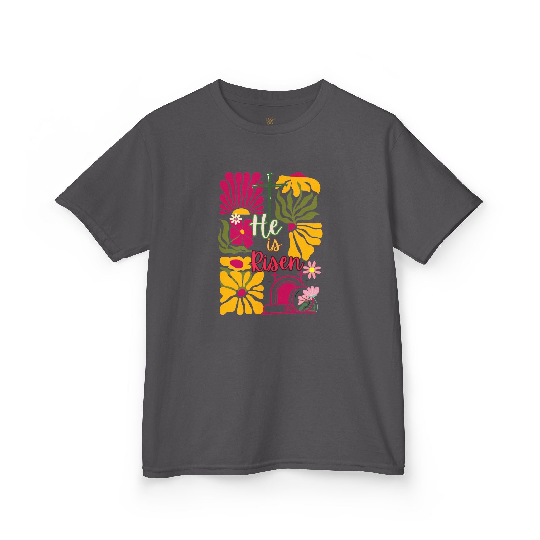 Kids Tee — "He Is Risen" Boho Floral Easter Shirt