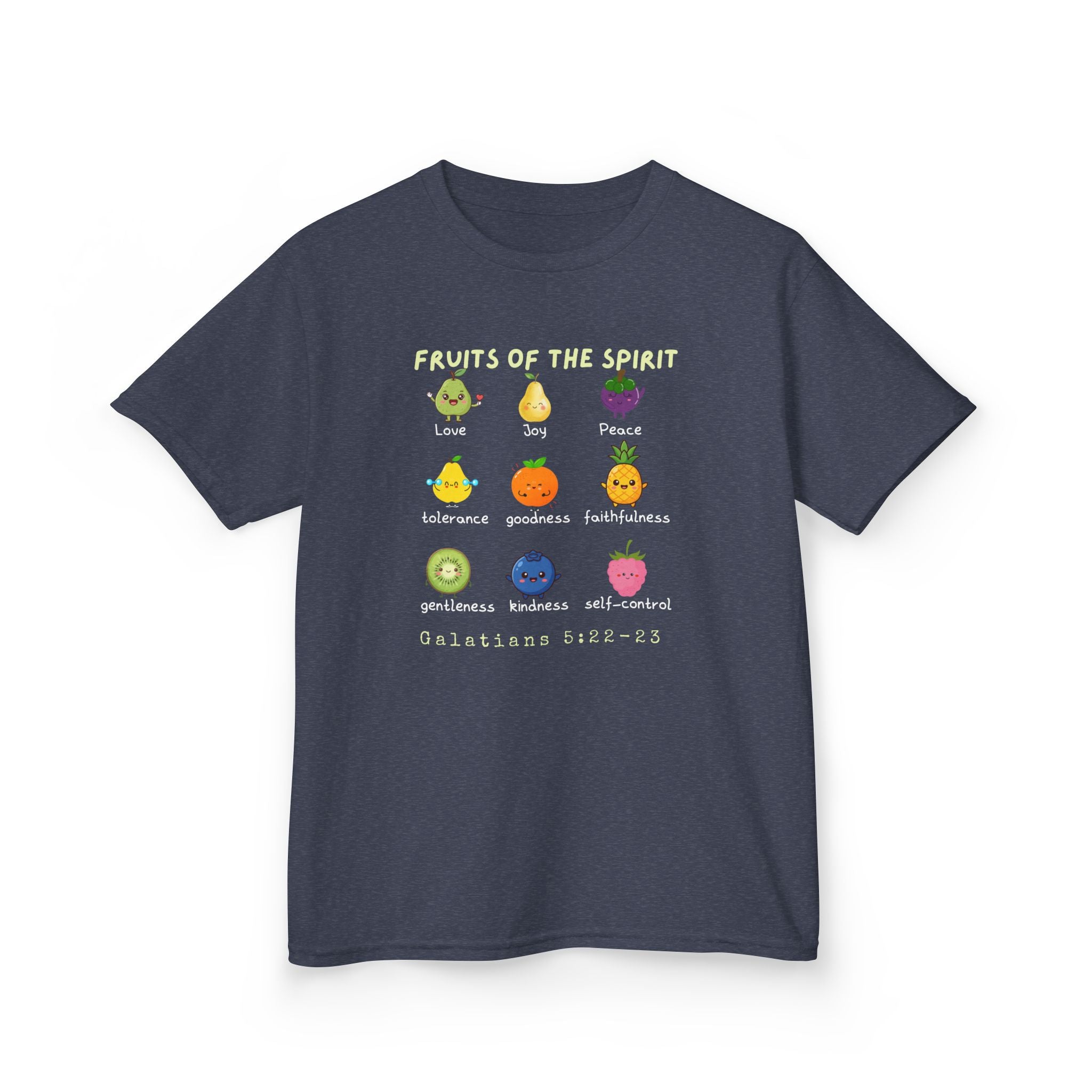 Fruits of the Spirit Kids T‑Shirt — Colorful Christian Bible Verse Tee (Galatians 5:22-23)