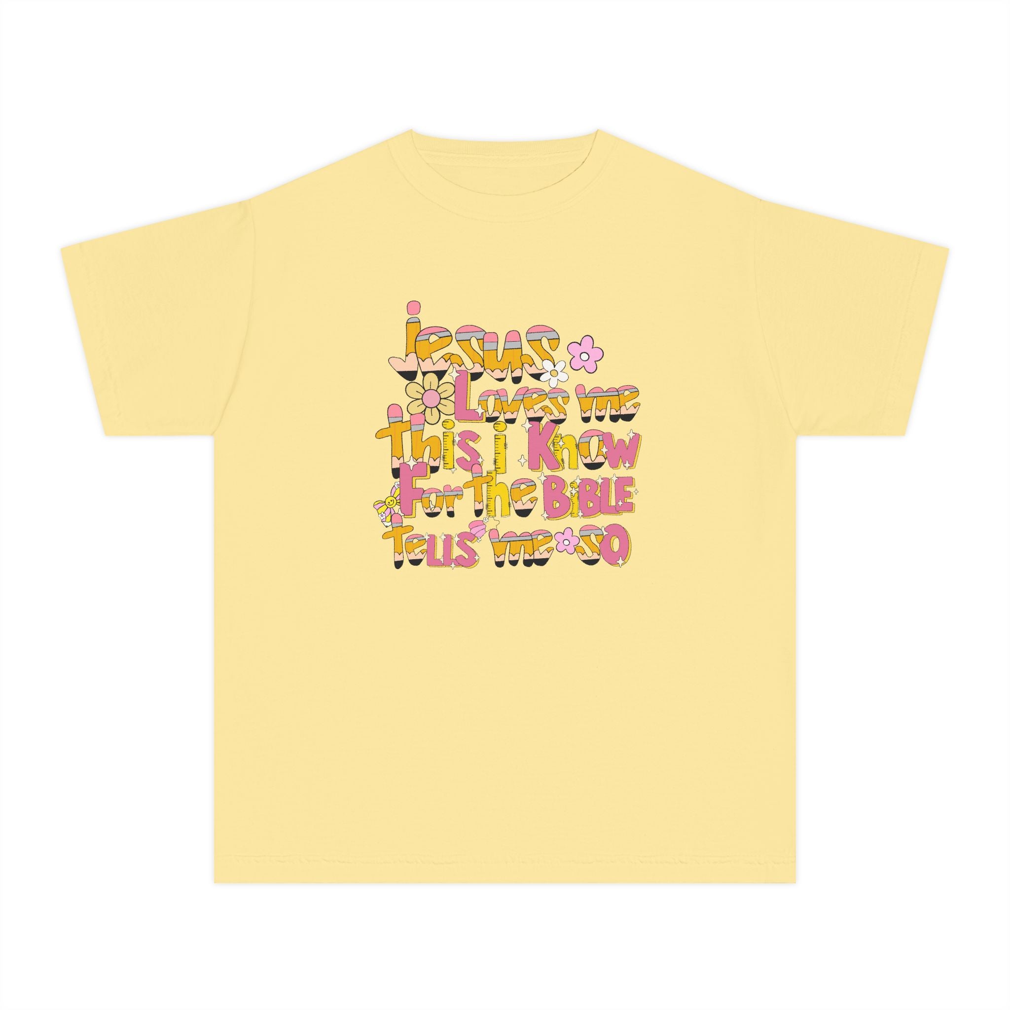 Youth Tee — Retro Floral 'Jesus Loves Me' Christian Kids Shirt
