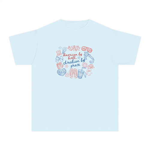 Youth Tee — "American by Birth, Christian by Grace" Illustrated Faith Graphic
