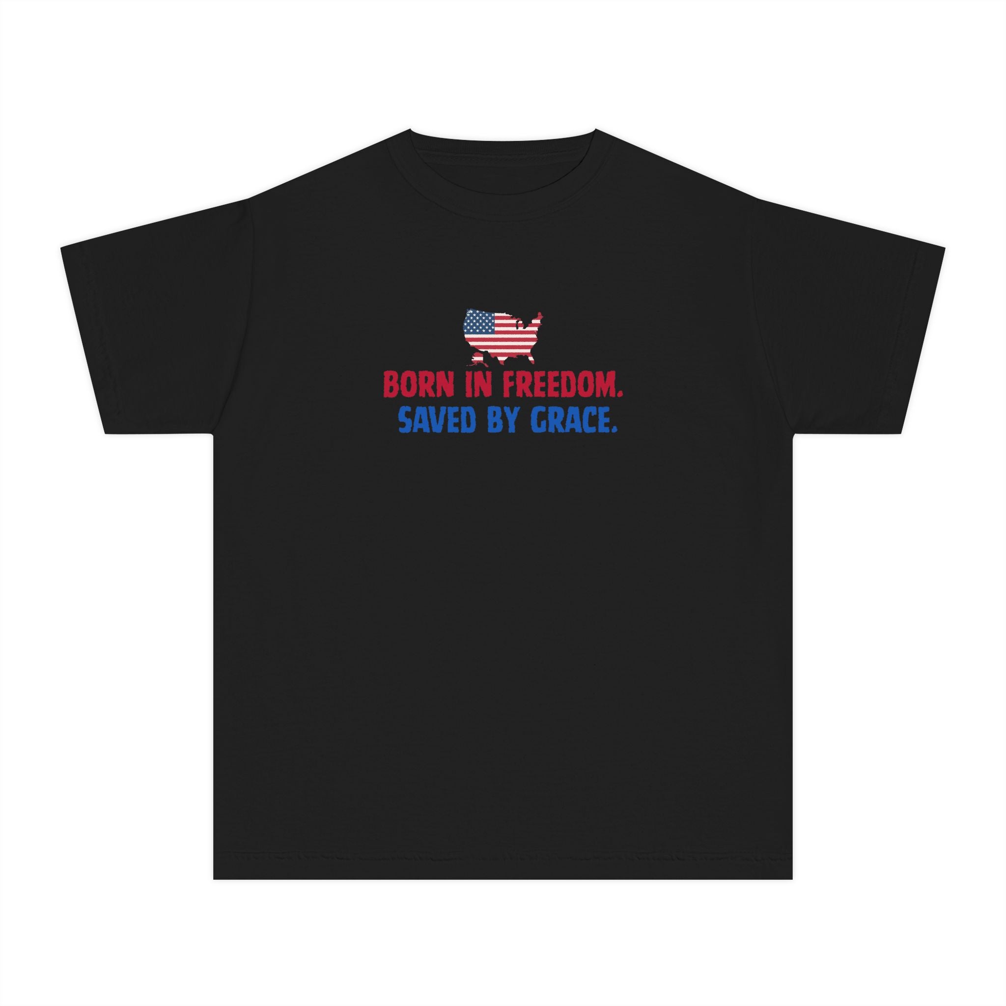 Youth Tee — "Born in freedom, saved by grace" Flag Design
