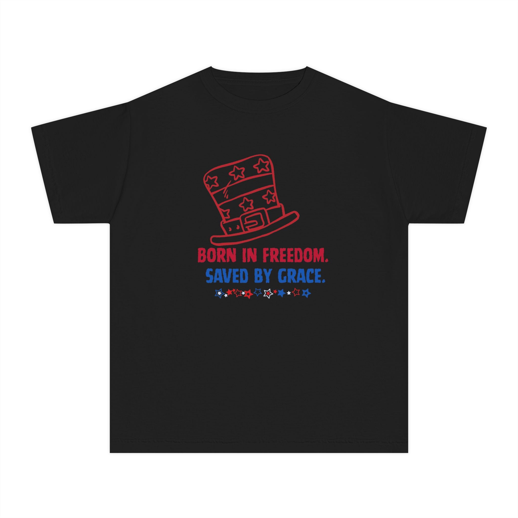 Youth Tee — "Born in Freedom. Saved by Grace." Patriotic Christian Kids T-Shirt