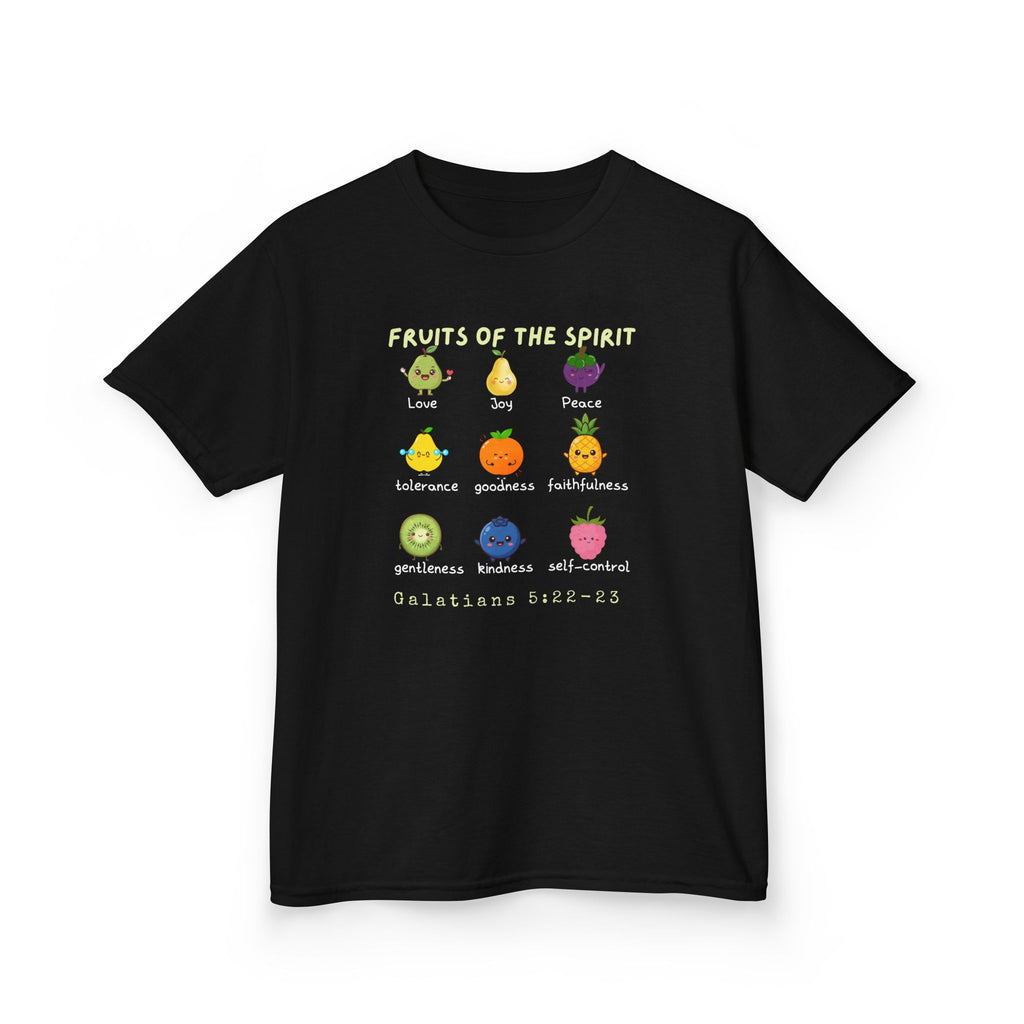 Fruits of the Spirit Kids T‑Shirt — Colorful Christian Bible Verse Tee (Galatians 5:22-23)