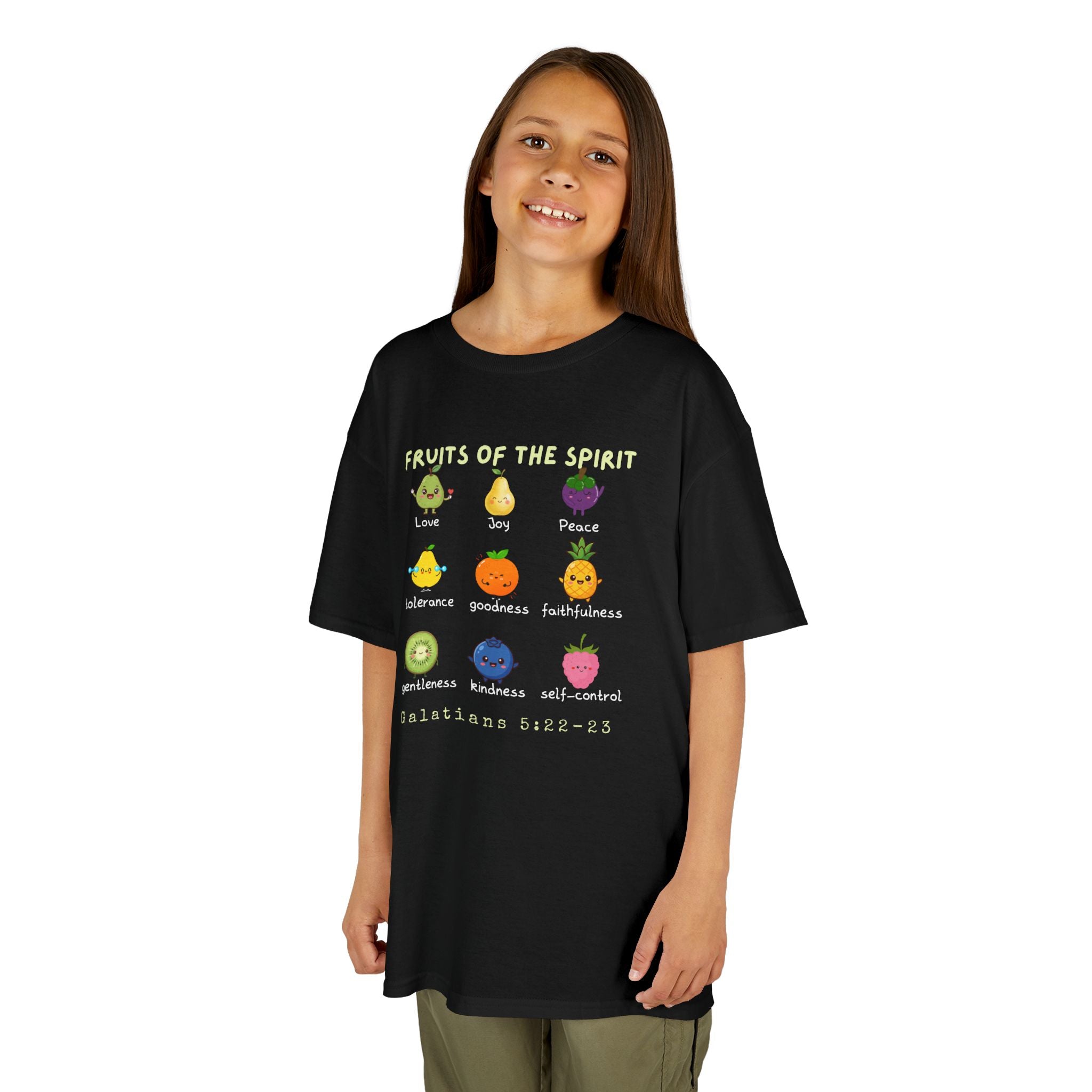 Fruits of the Spirit Kids T‑Shirt — Colorful Christian Bible Verse Tee (Galatians 5:22-23)