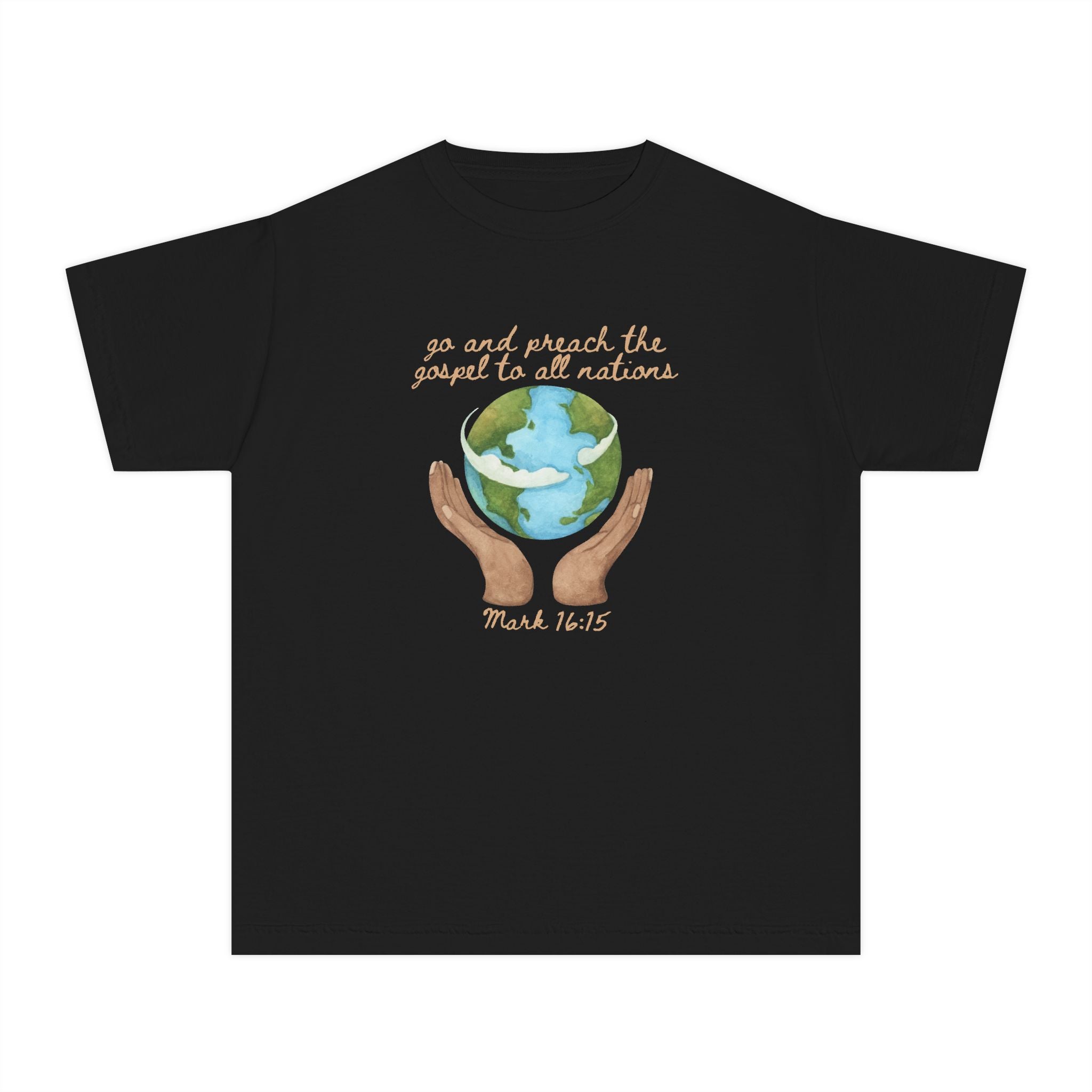 Youth Tee — 'Go and Preach the Gospel to All Nations' Earth Hands Bible Verse Shirt