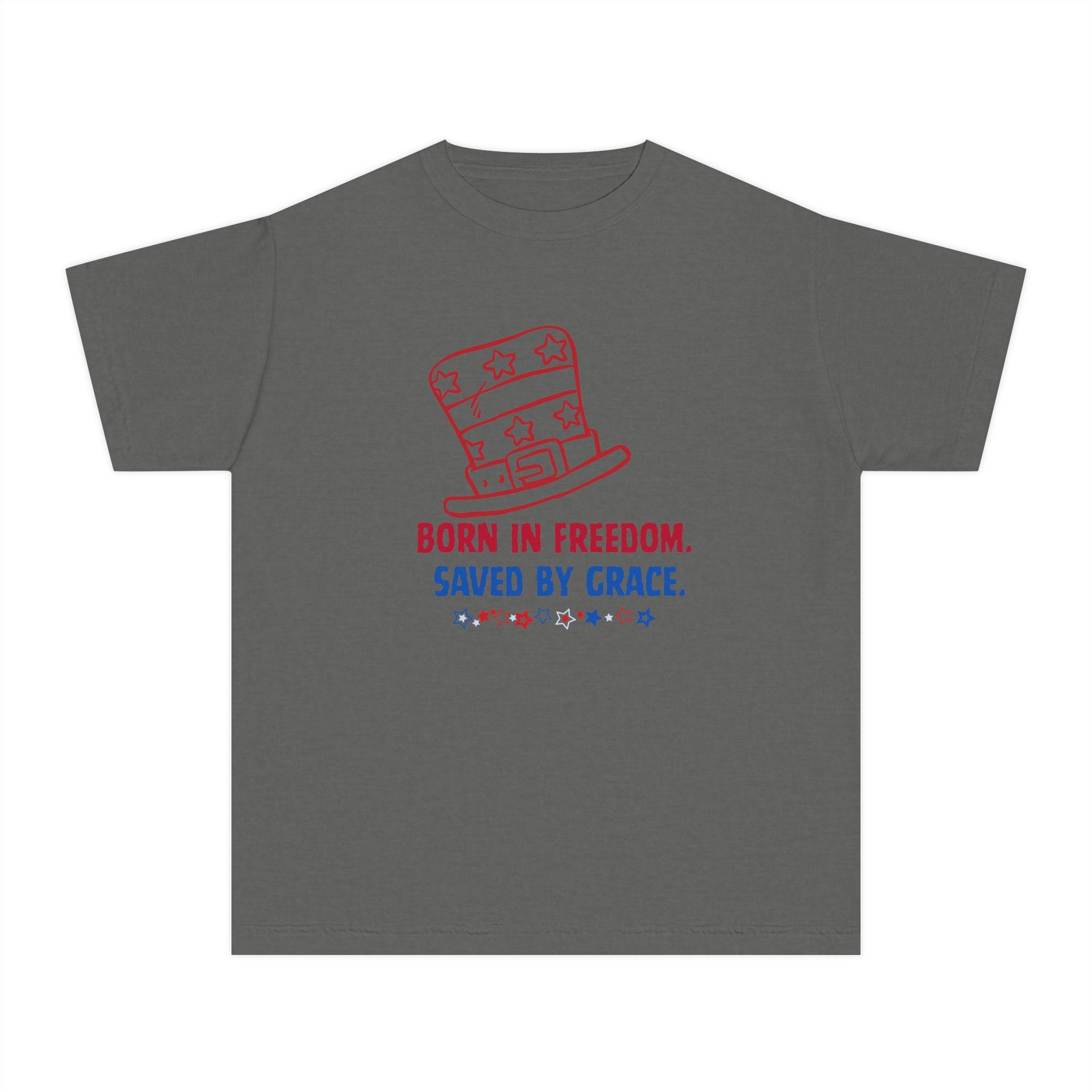 Youth Tee — "Born in Freedom. Saved by Grace." Patriotic Christian Kids T-Shirt