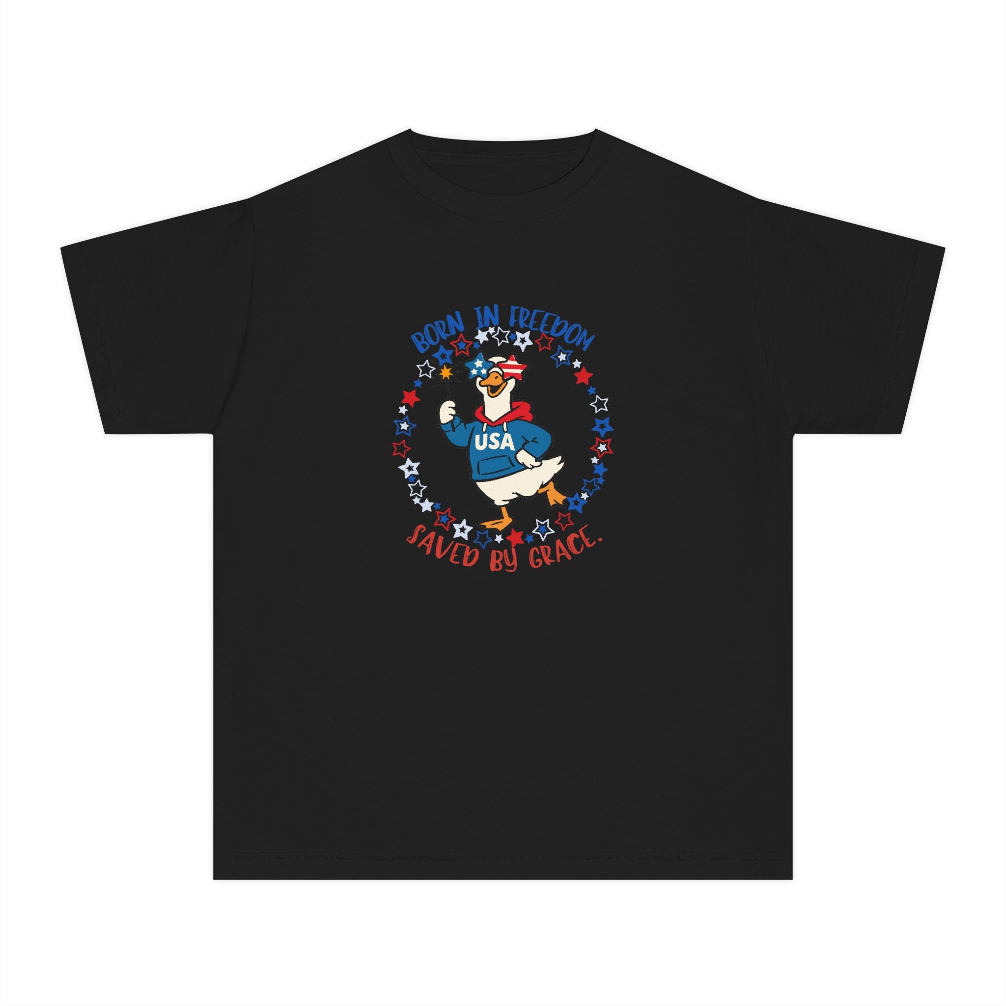 Youth T‑Shirt — "Born in Freedom, Saved by Grace" Patriotic Duck USA Tee