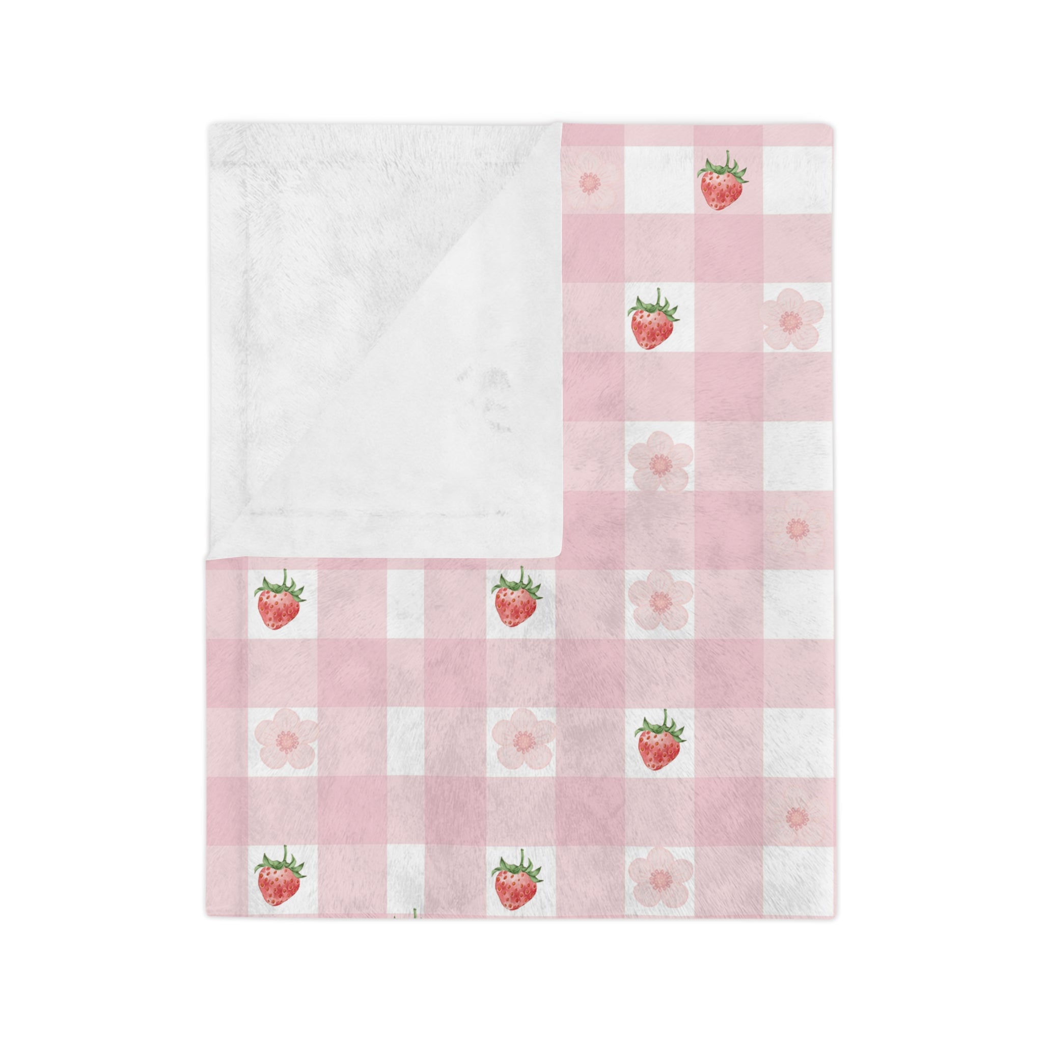 Pink Gingham Strawberry Throw Blanket — Cozy Velveteen Microfiber for Nursery, Picnic & Spring Décor