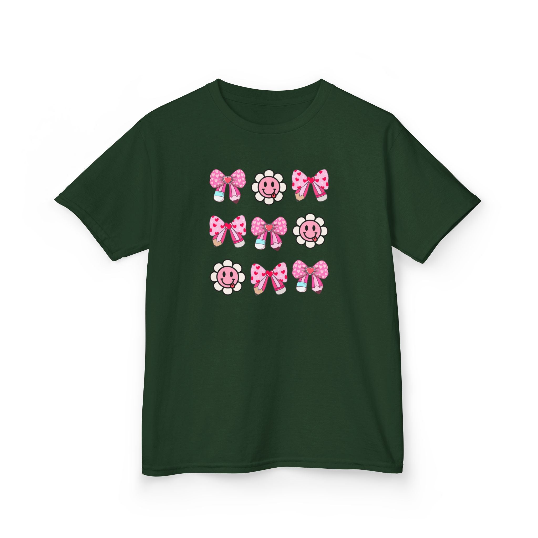 Kids Tee — Pink Bow & Smiling Flower Pattern Cute Graphic Shirt