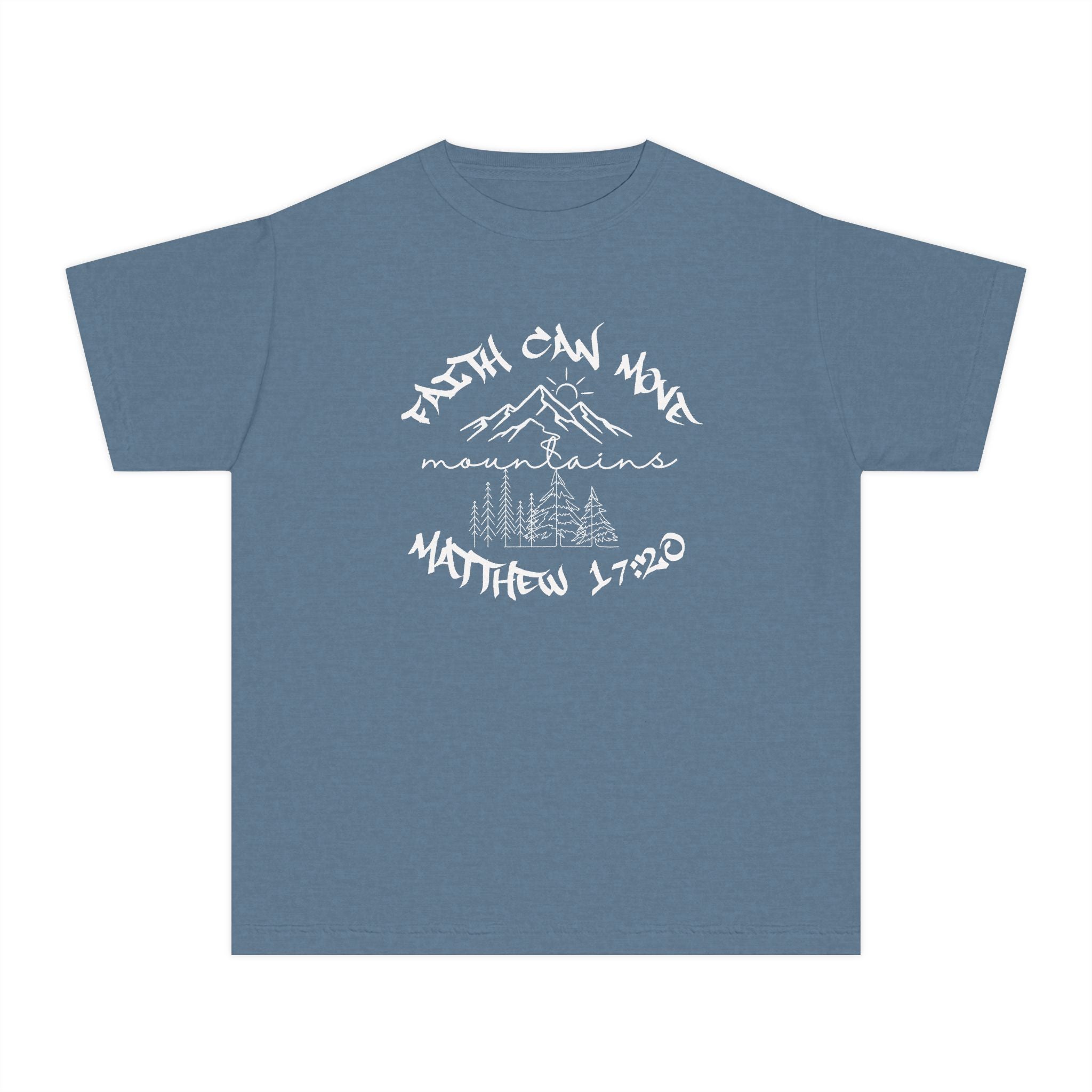 Youth Faith Mountains T‑Shirt — "Faith Can Move Mountains" (Matthew 17:20)