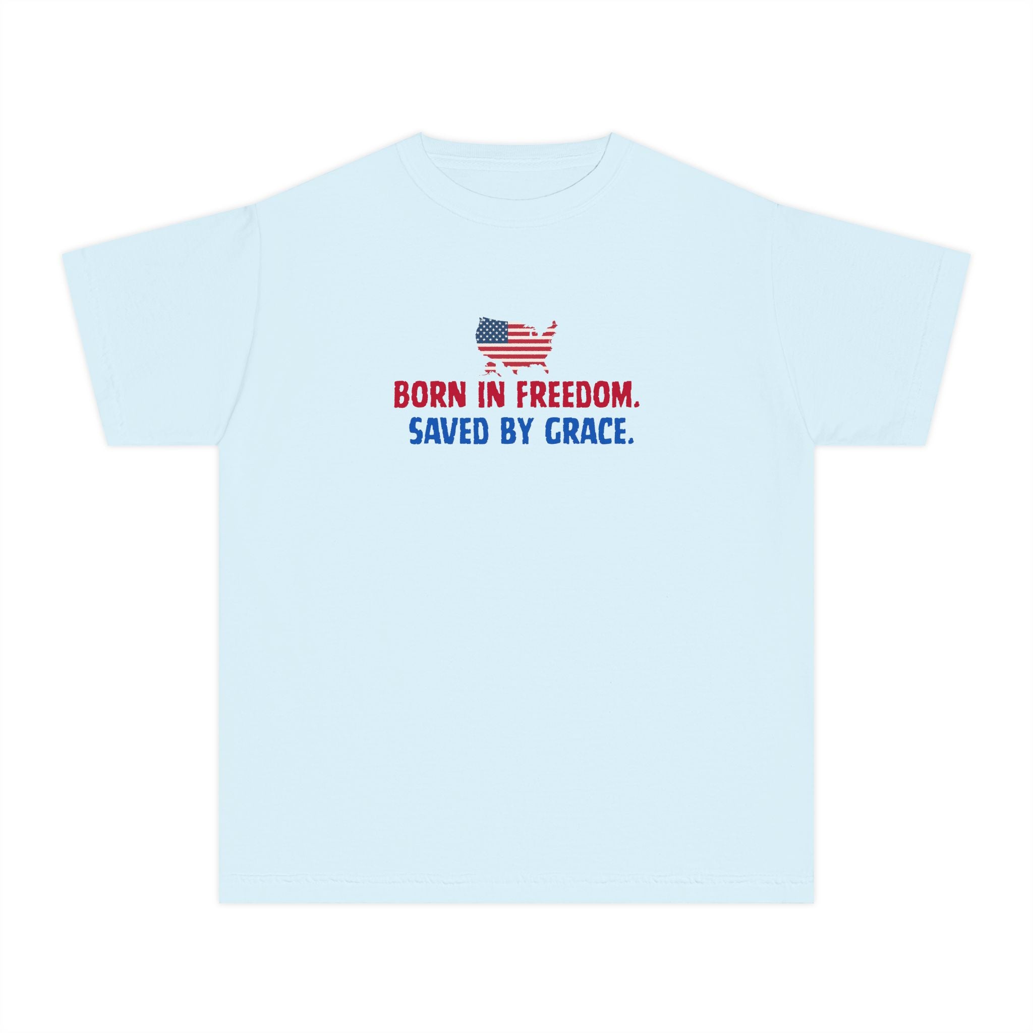 Youth Tee — "Born in freedom, saved by grace" Flag Design