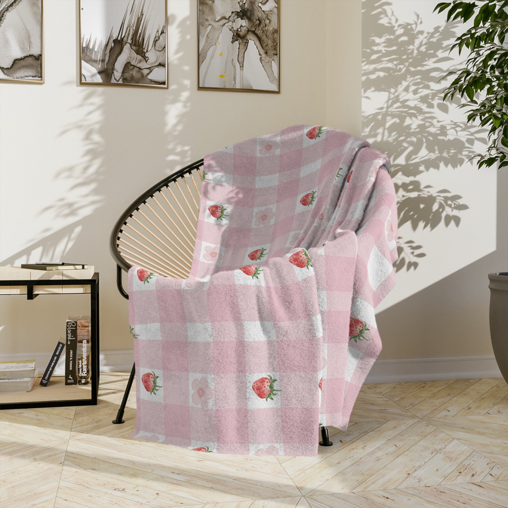 Pink Gingham Strawberry Throw Blanket — Cozy Velveteen Microfiber for Nursery, Picnic & Spring Décor