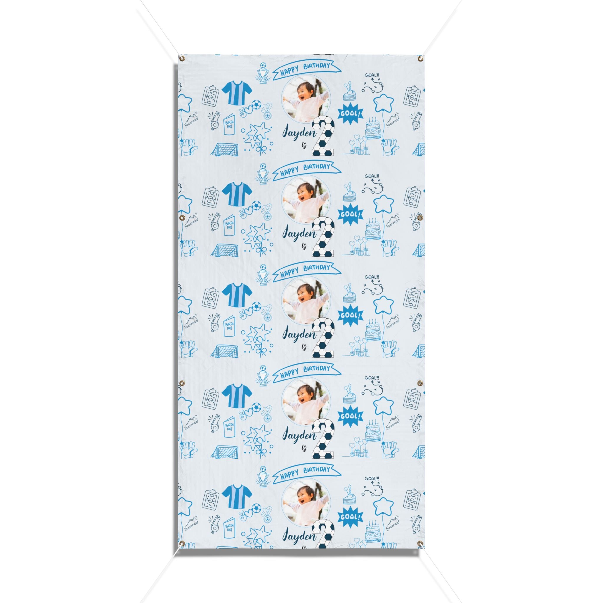 Soccer Birthday Photo Banner, Vinyl Banner | Custom Name, Blue Doodle Sports Theme