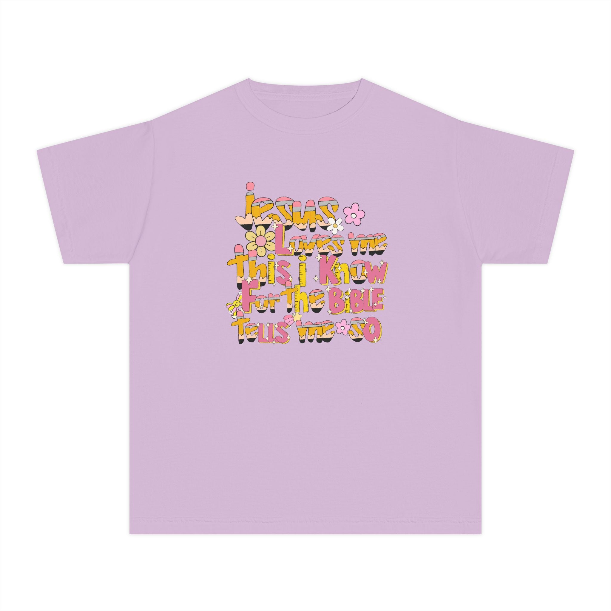 Youth Tee — Retro Floral 'Jesus Loves Me' Christian Kids Shirt