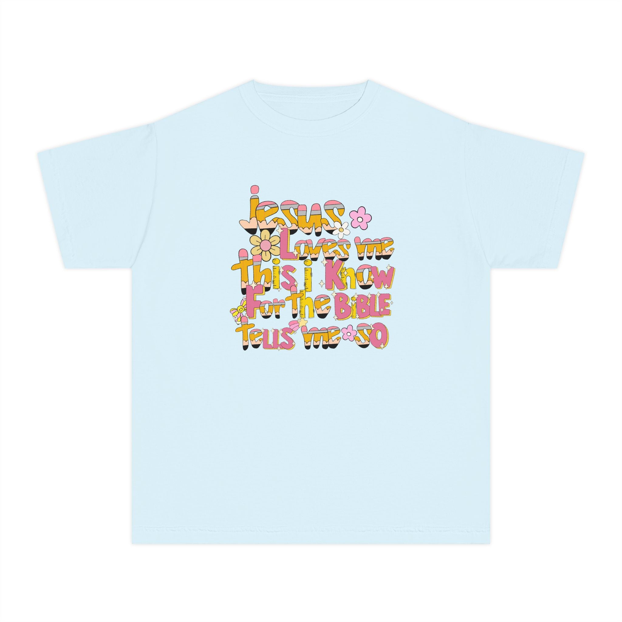 Youth Tee — Retro Floral 'Jesus Loves Me' Christian Kids Shirt