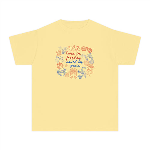 Kids T‑Shirt - "Born in Freedom, Raised by Peace" Retro Doodle Tee
