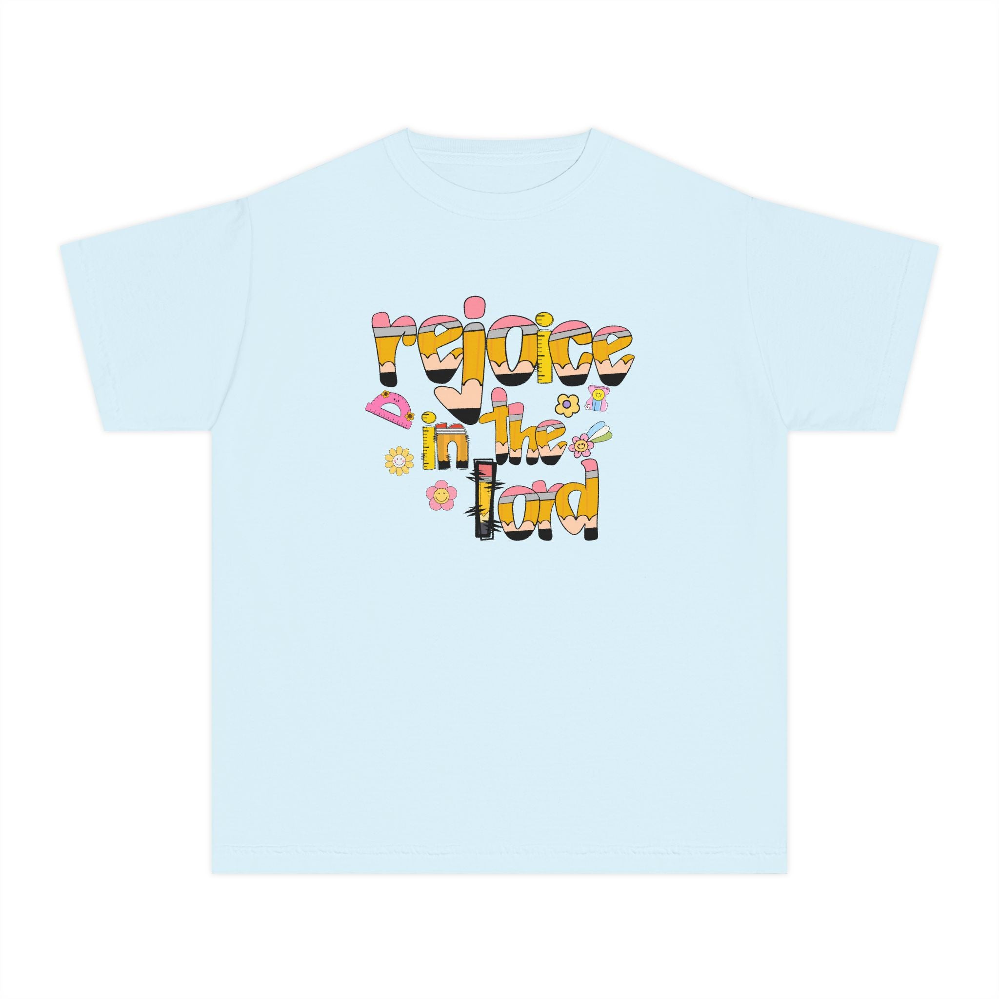 Rejoice in the Lord - Preppy pencil alphabet christian tee