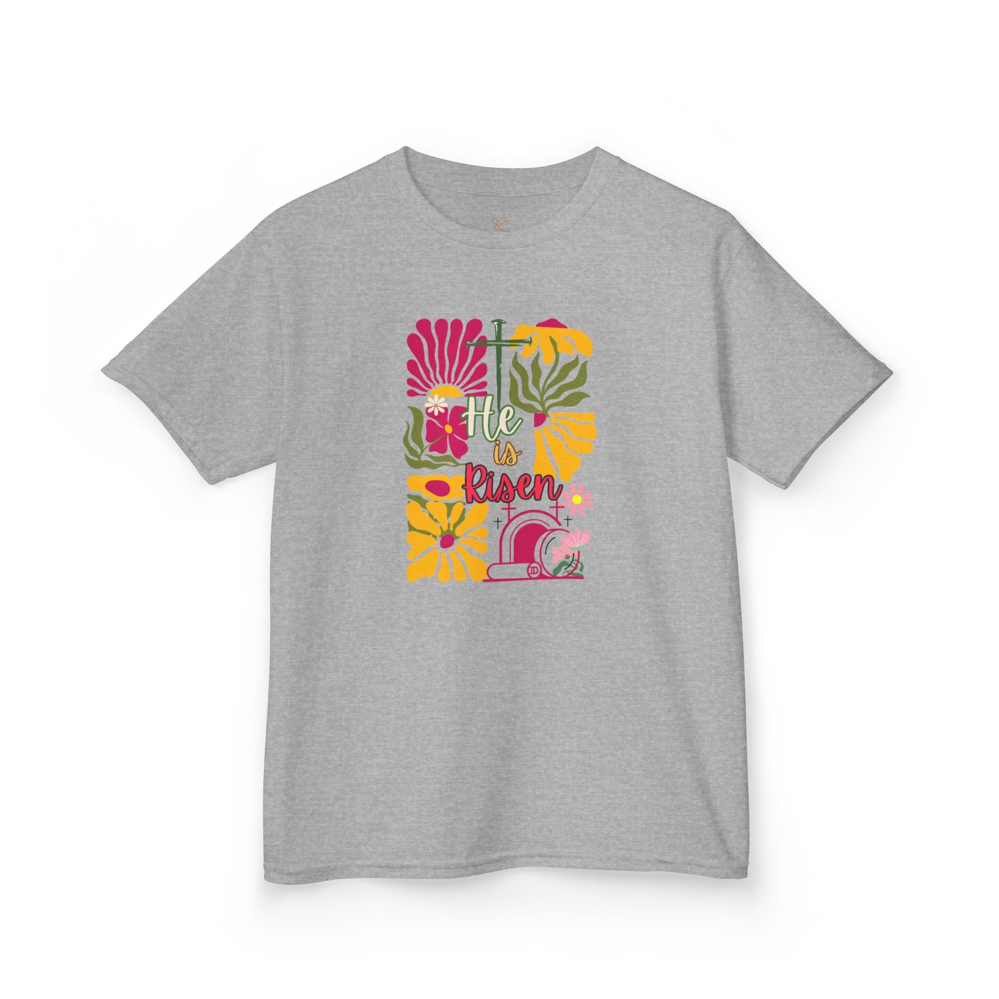 Kids Tee — "He Is Risen" Boho Floral Easter Shirt