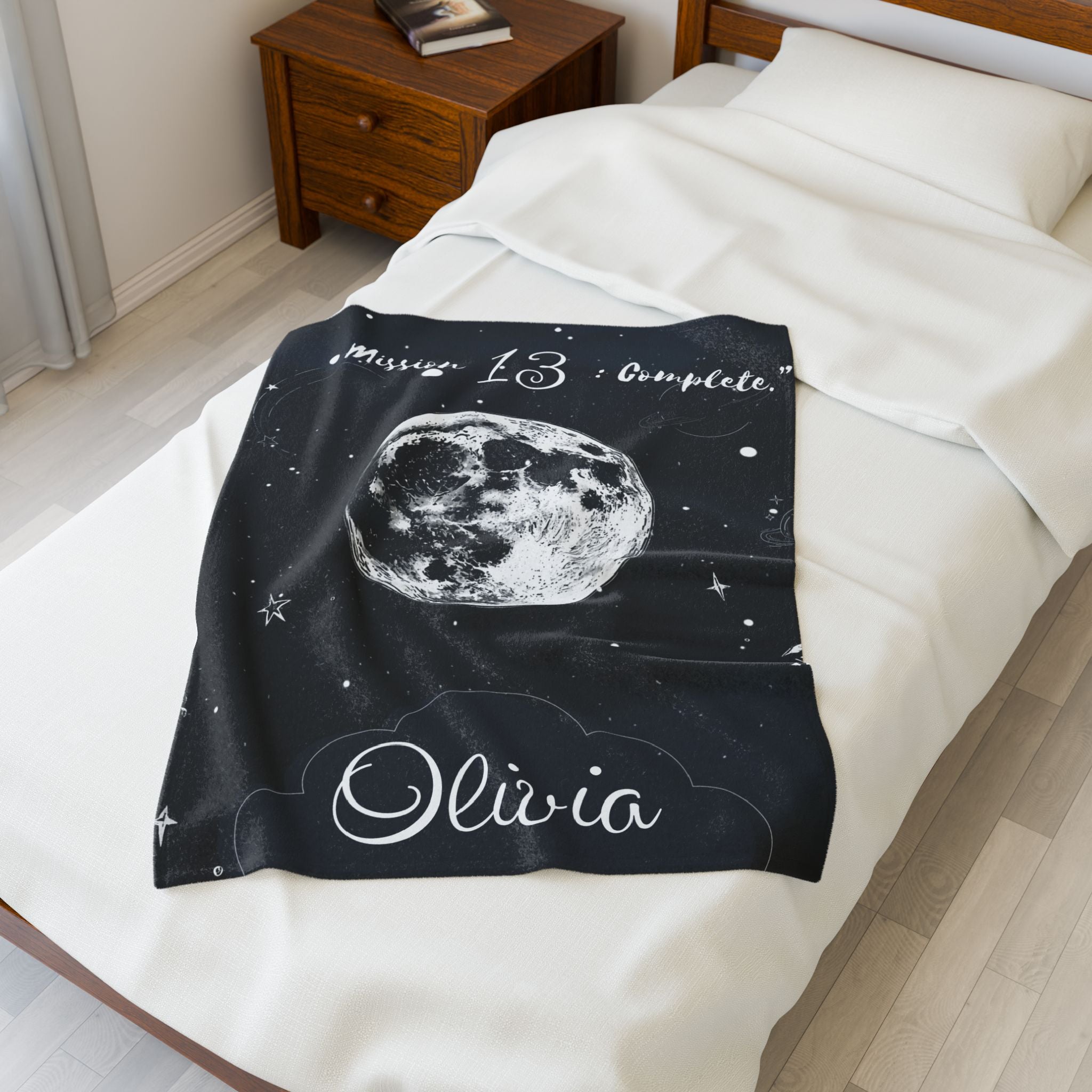 Personalized Moon & Stars Birthday Velveteen Plush Blanket – Custom Name & Age