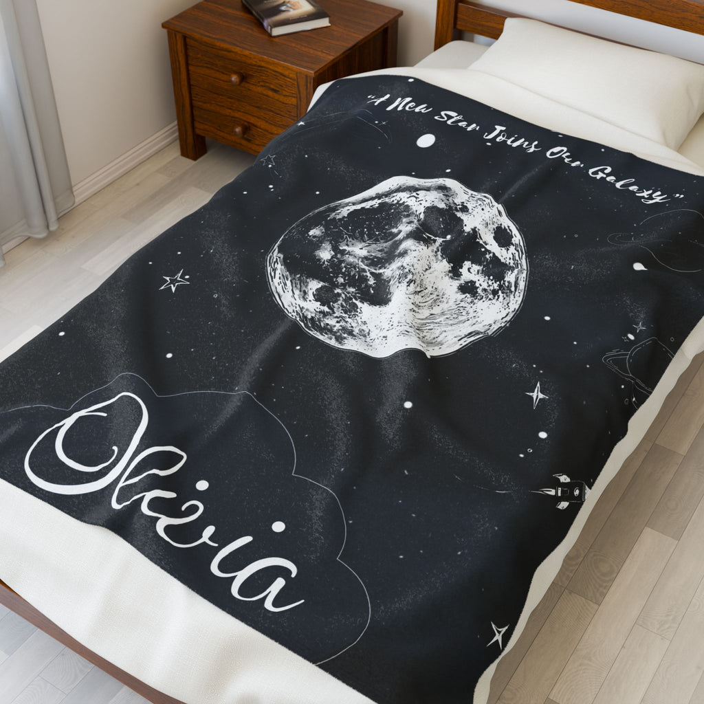 Personalized Moon Nursery Velveteen Blanket, Custom Name Space Baby Throw
