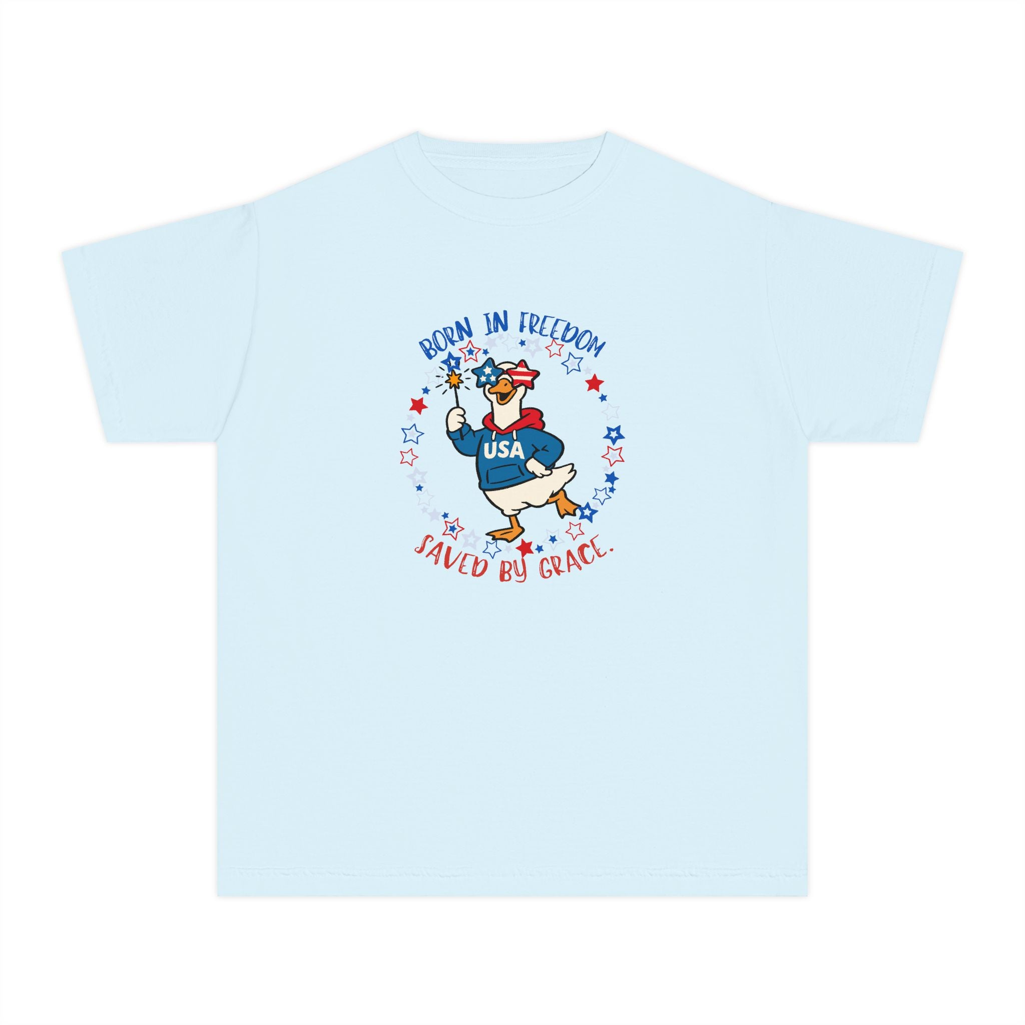 Youth T‑Shirt — "Born in Freedom, Saved by Grace" Patriotic Duck USA Tee