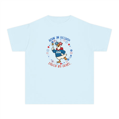 Youth T‑Shirt — "Born in Freedom, Saved by Grace" Patriotic Duck USA Tee