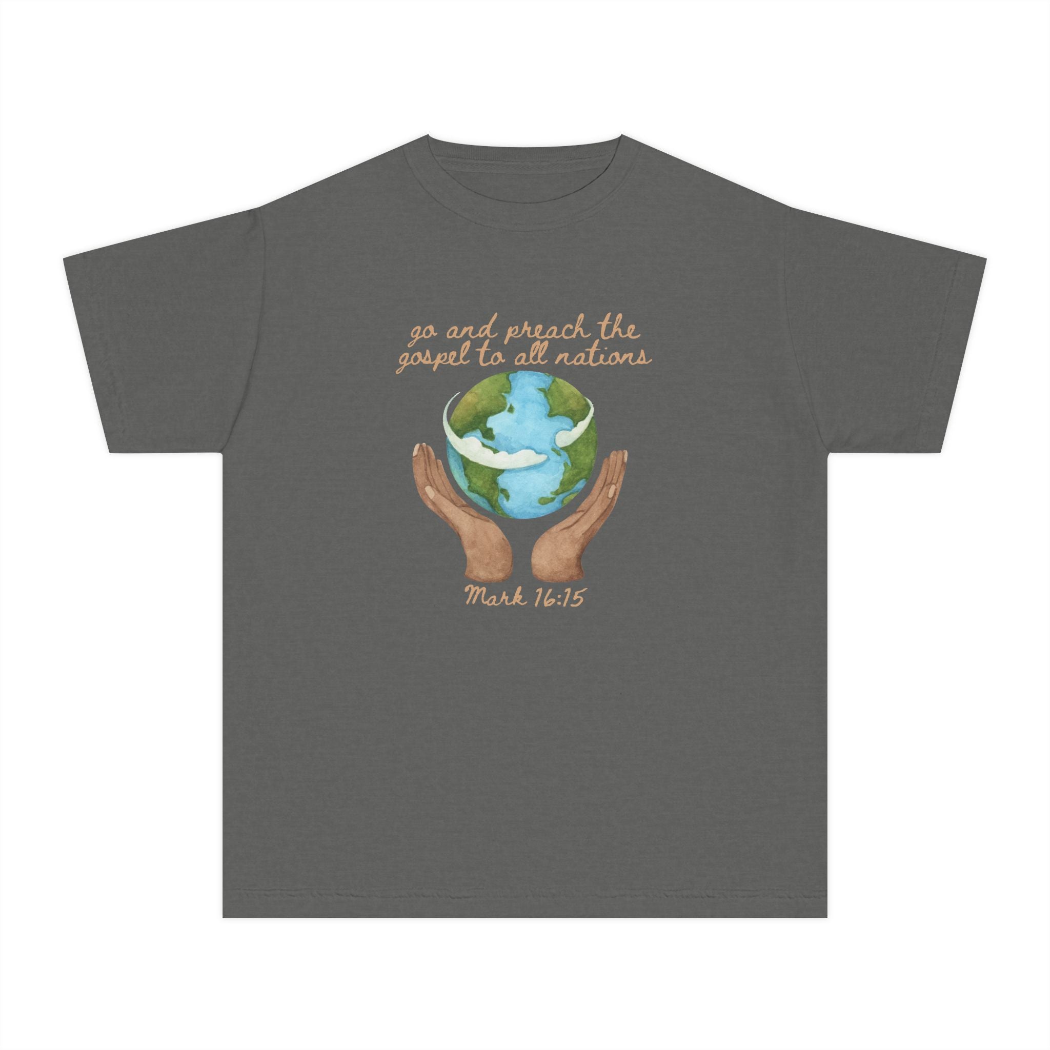 Youth Tee — 'Go and Preach the Gospel to All Nations' Earth Hands Bible Verse Shirt