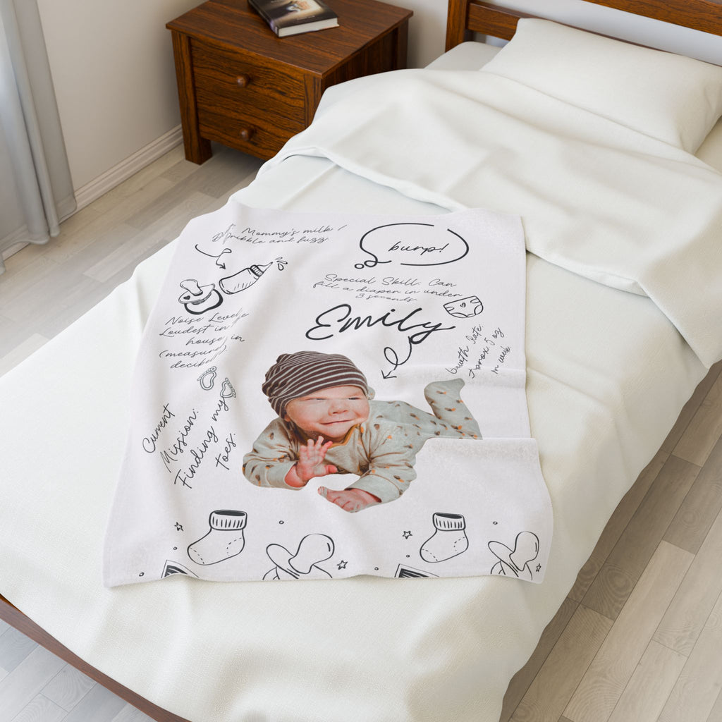 Personalized Baby Photo Name Blanket Velveteen Plush Blanket | Custom Baby Milestone Design