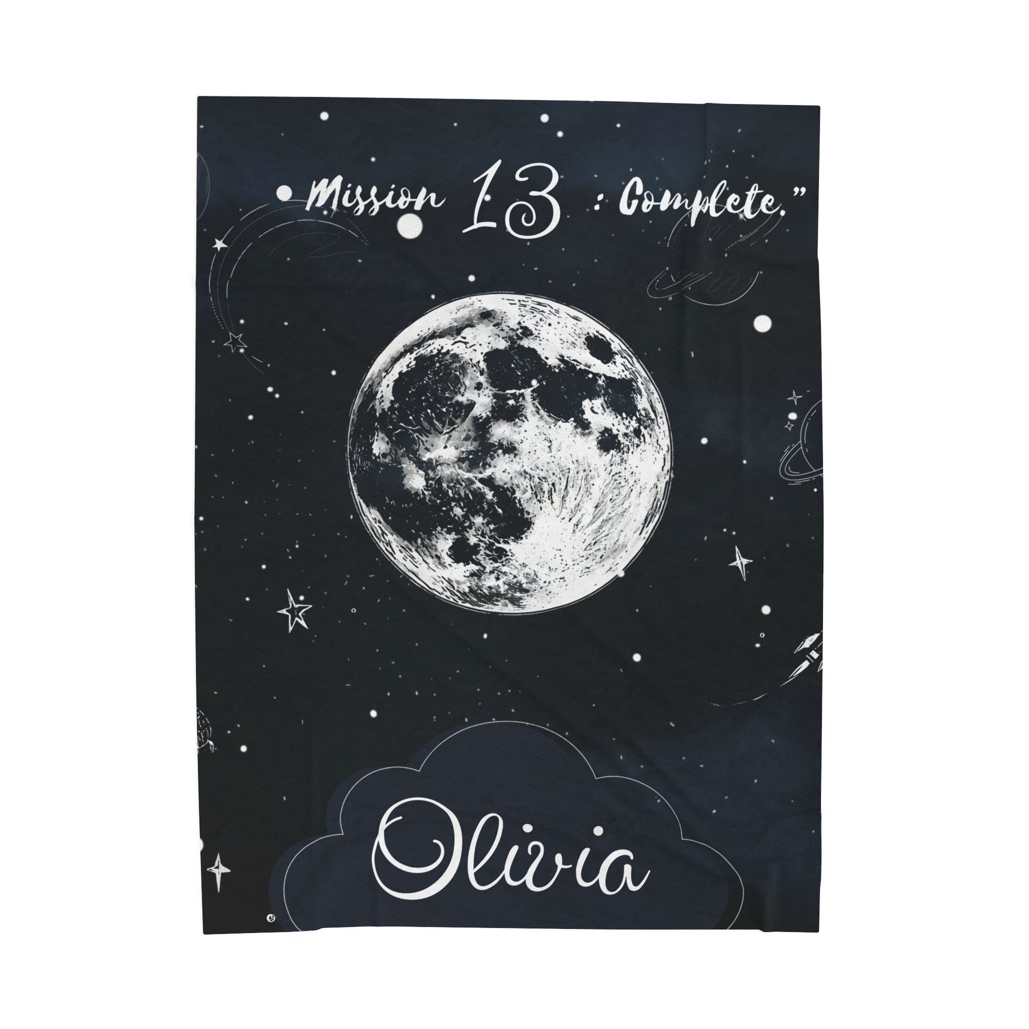 Personalized Moon & Stars Birthday Velveteen Plush Blanket – Custom Name & Age