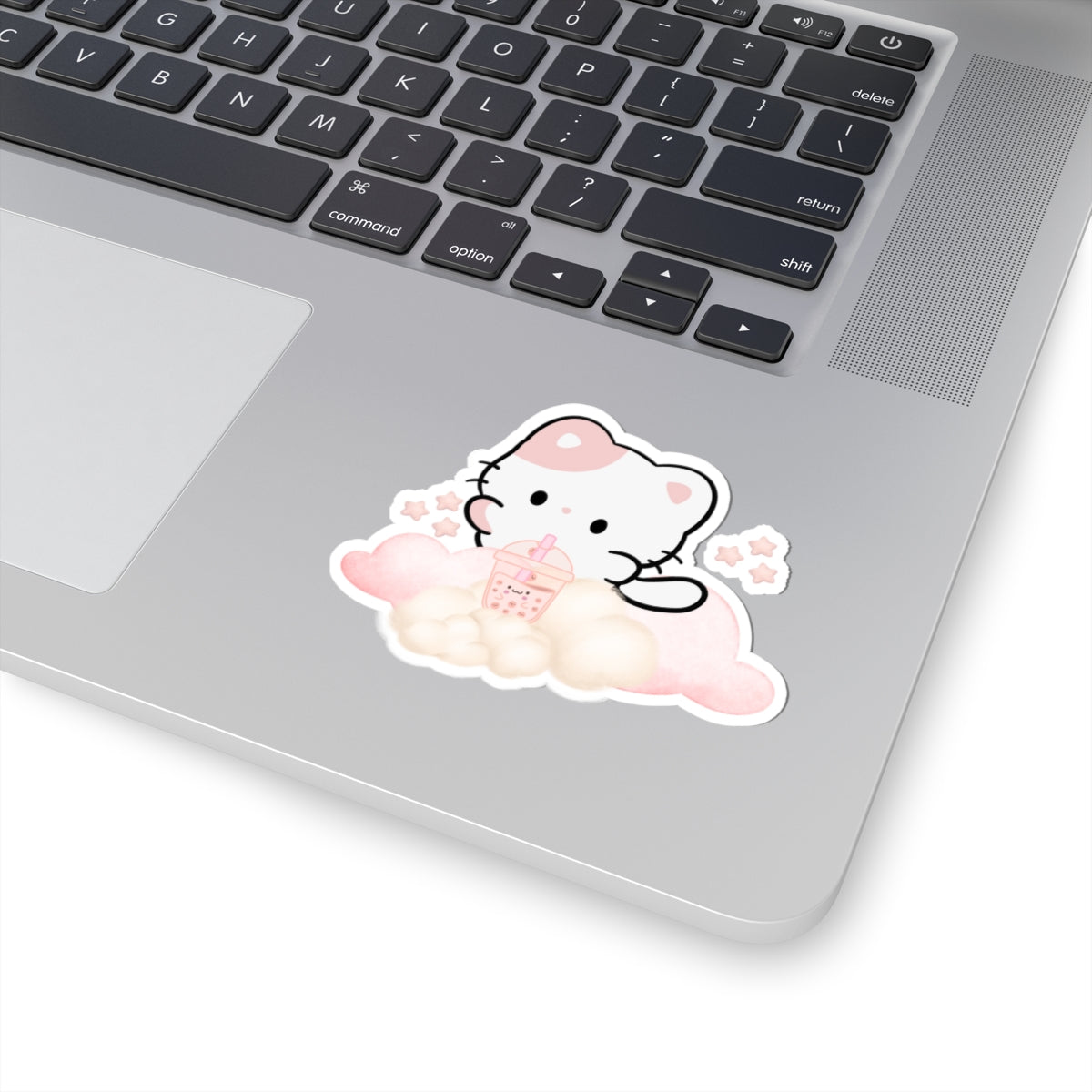 Kawaii Cat Bubble Tea Sticker — Pastel Cloud Kiss-Cut Vinyl