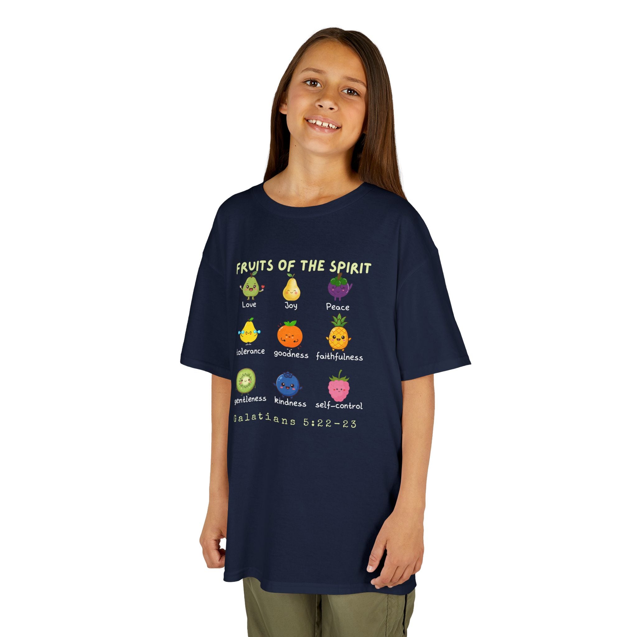 Child wearing a navy blue t-shirt with colorful graphics and text on a white background