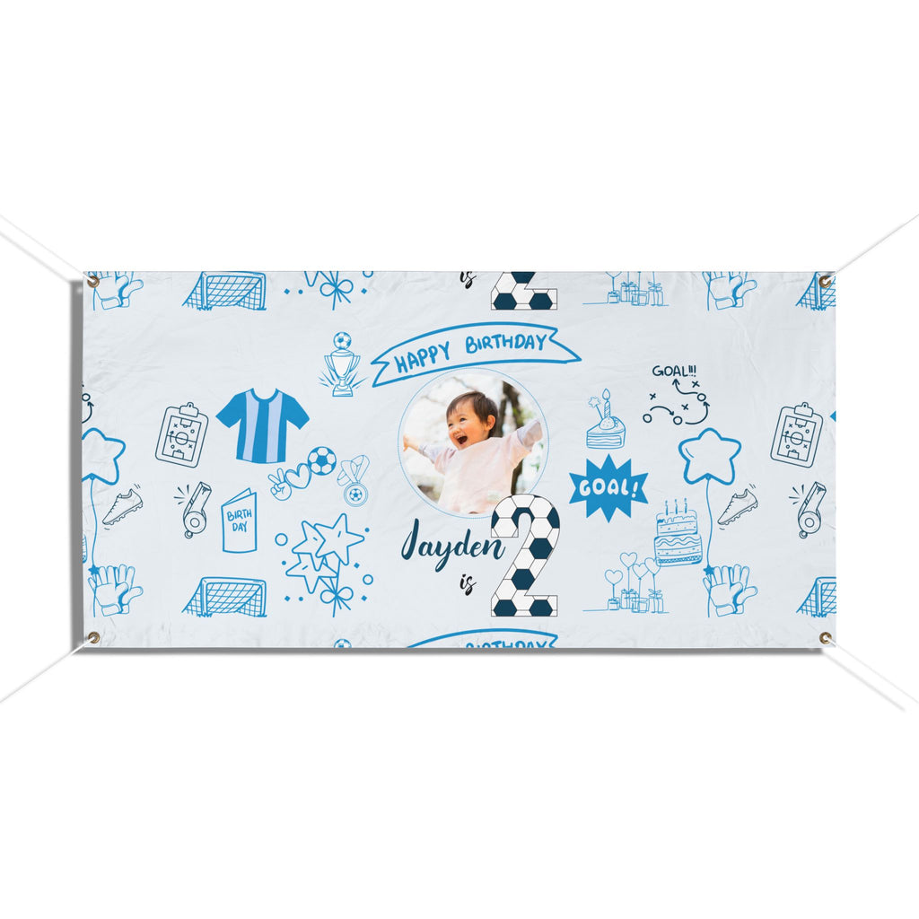 Soccer Birthday Photo Banner, Vinyl Banner | Custom Name, Blue Doodle Sports Theme