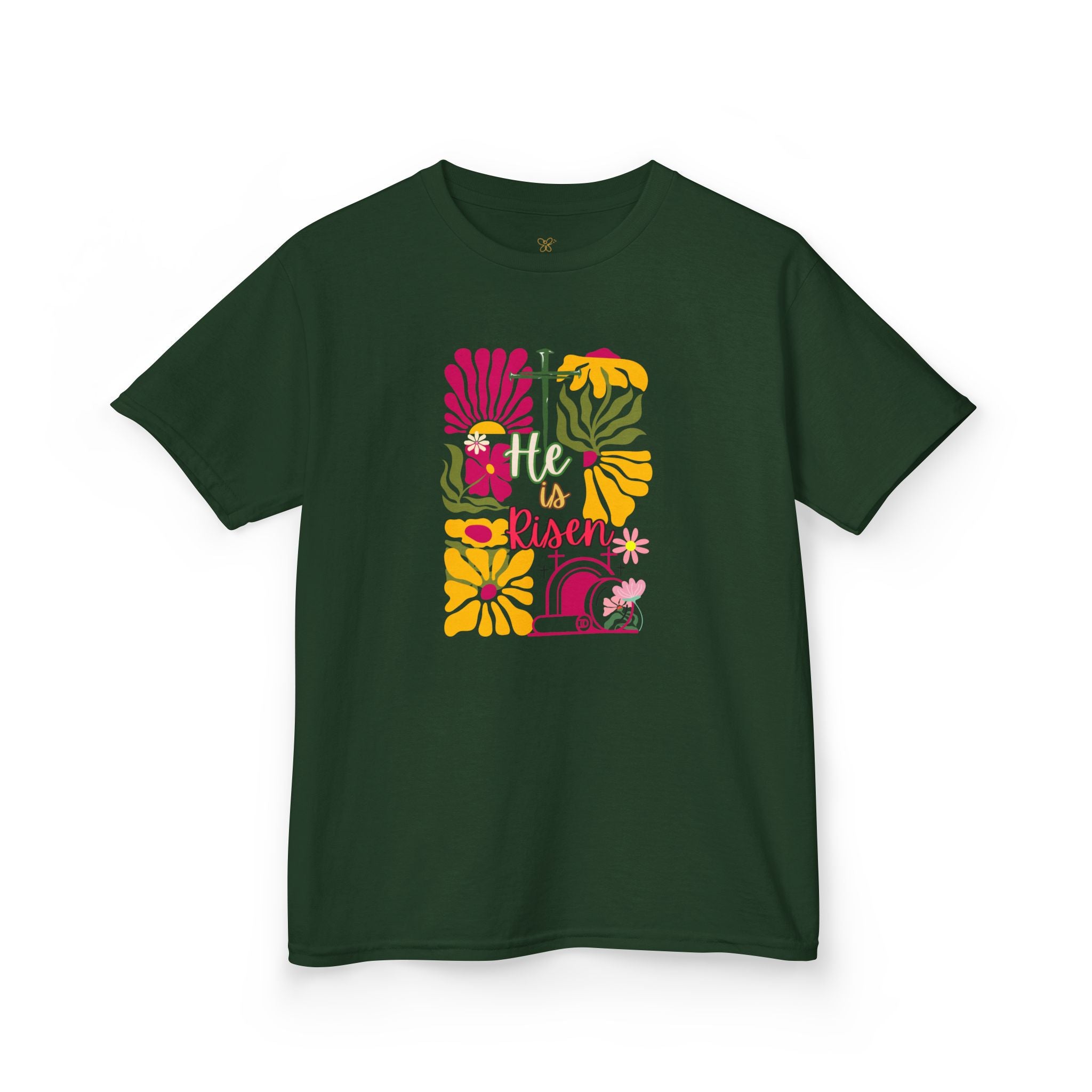 Kids Tee — "He Is Risen" Boho Floral Easter Shirt