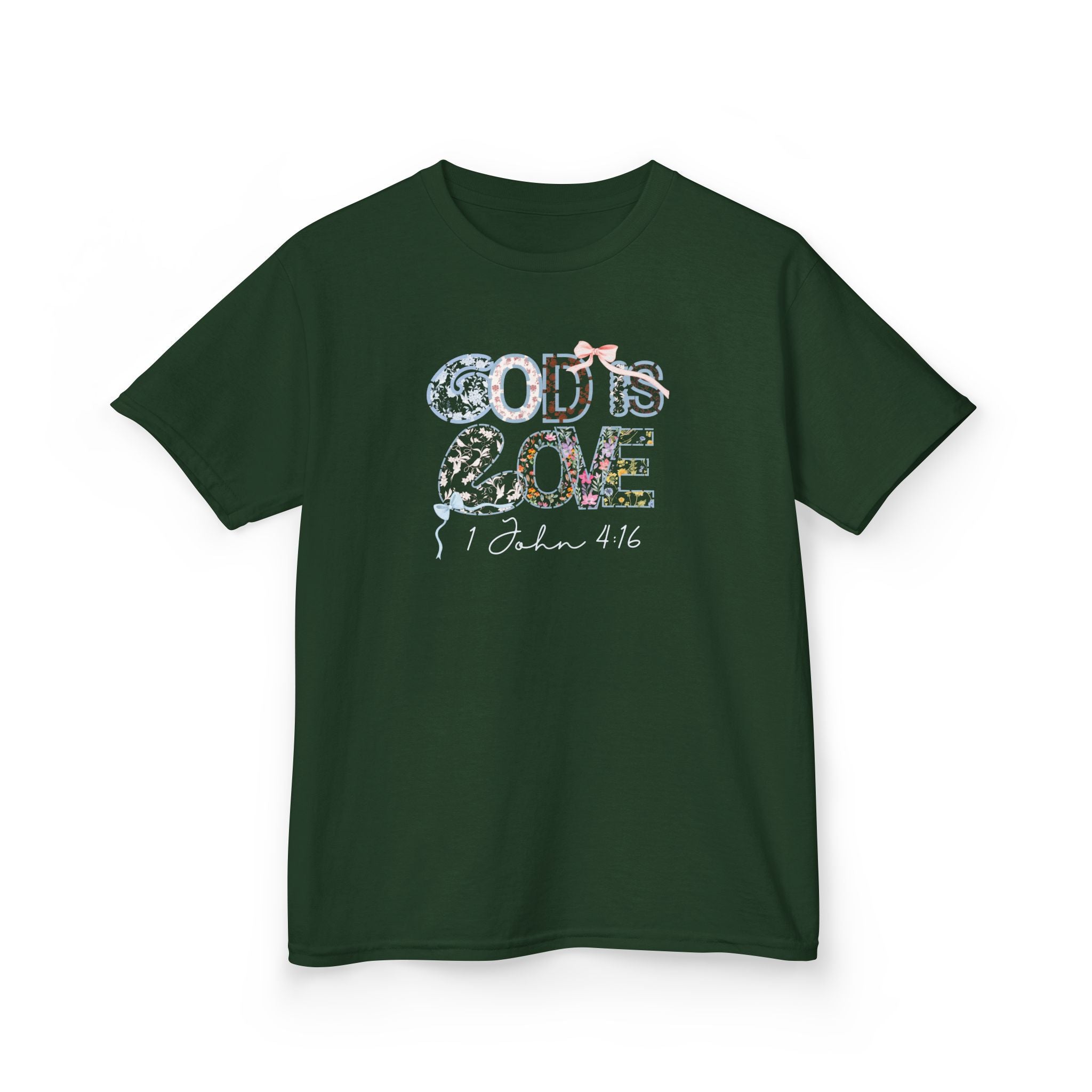 Kids T‑Shirt — "God Is Love" Floral 1 John 4:16 Christian Tee