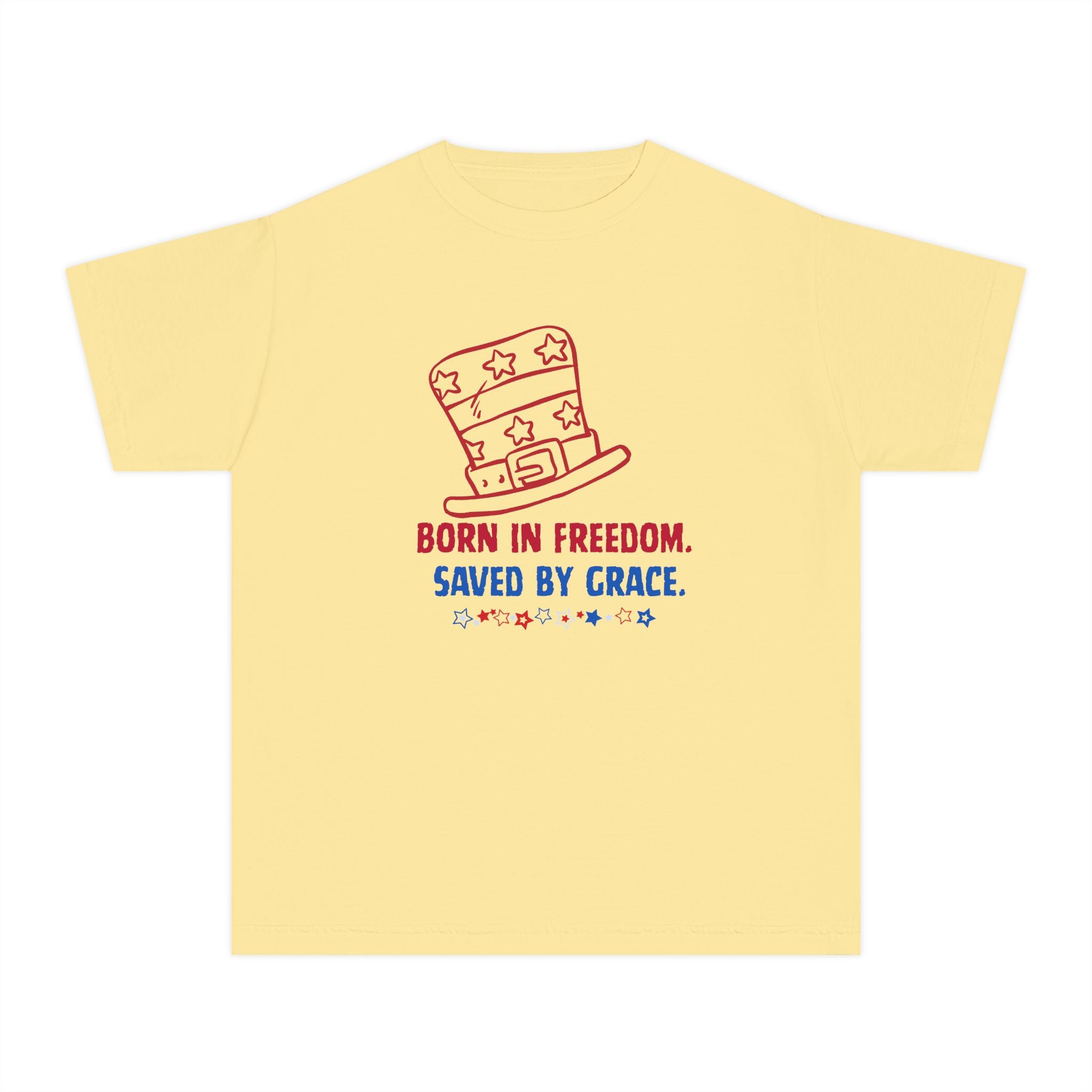 Youth Tee — "Born in Freedom. Saved by Grace." Patriotic Christian Kids T-Shirt