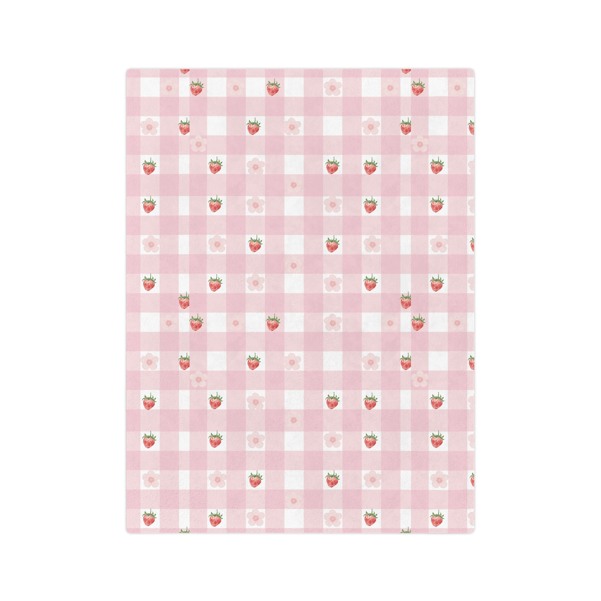 Pink Gingham Strawberry Throw Blanket — Cozy Velveteen Microfiber for Nursery, Picnic & Spring Décor