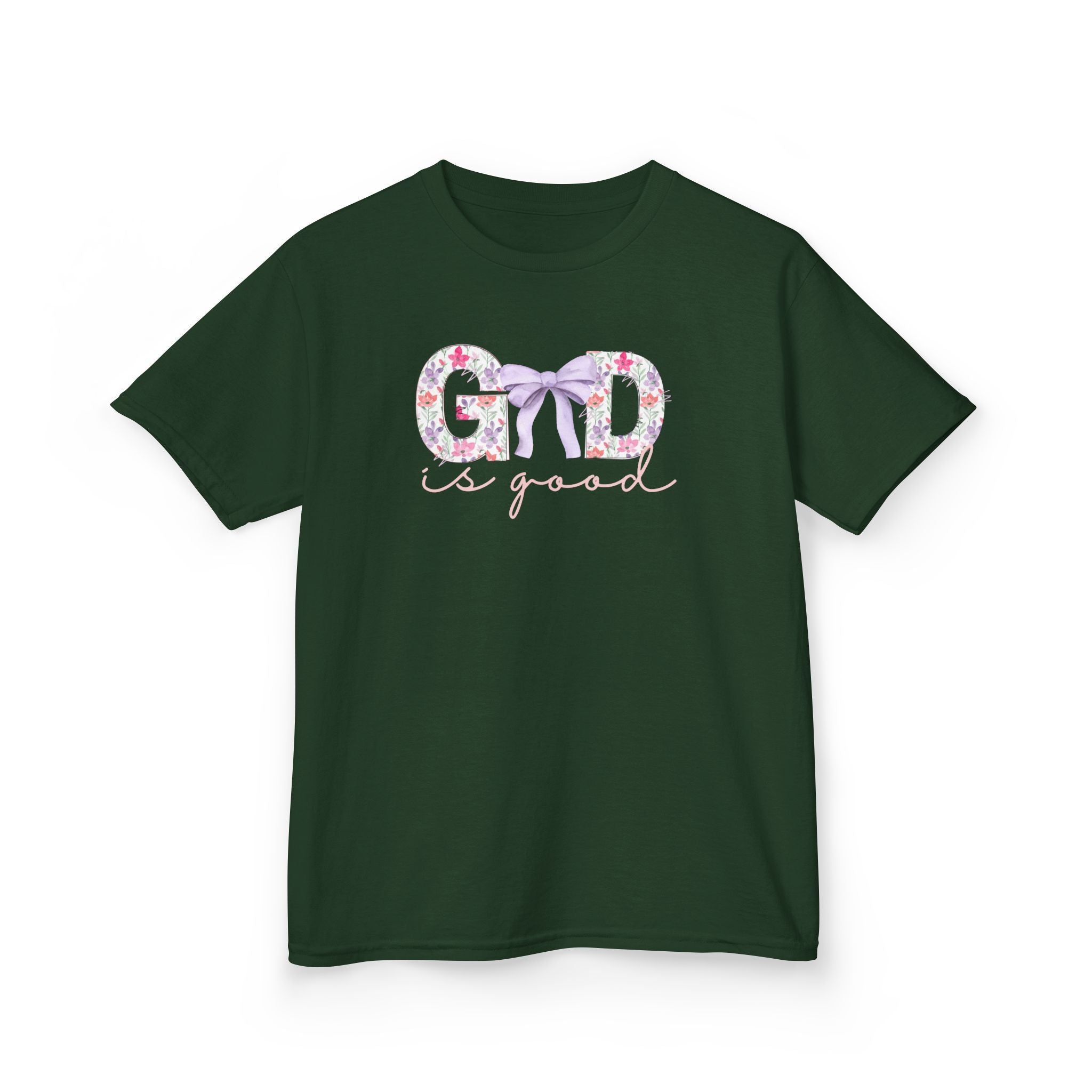 Kids Tee — "God Is Good" Floral Bow Christian Shirt