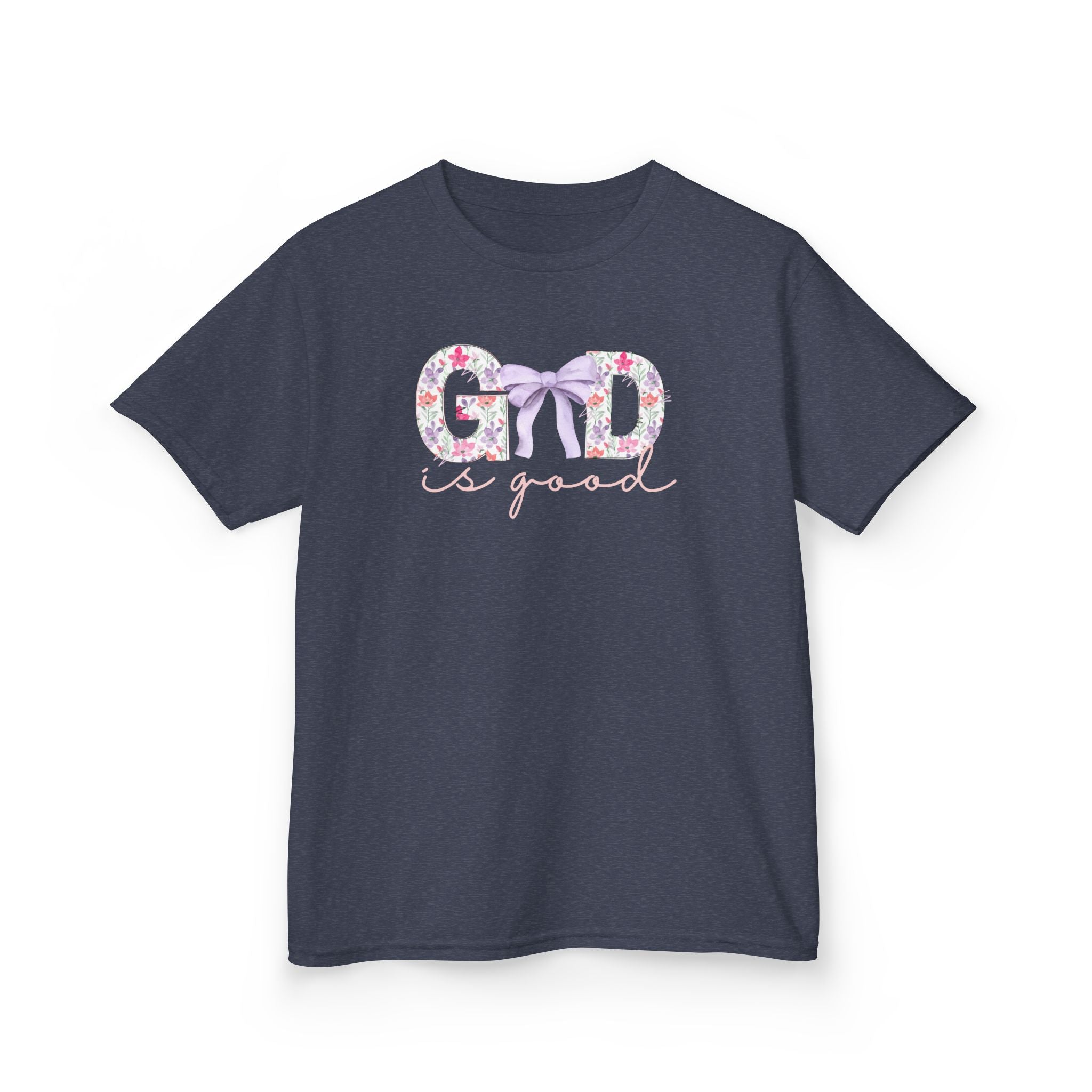 Kids Tee — "God Is Good" Floral Bow Christian Shirt