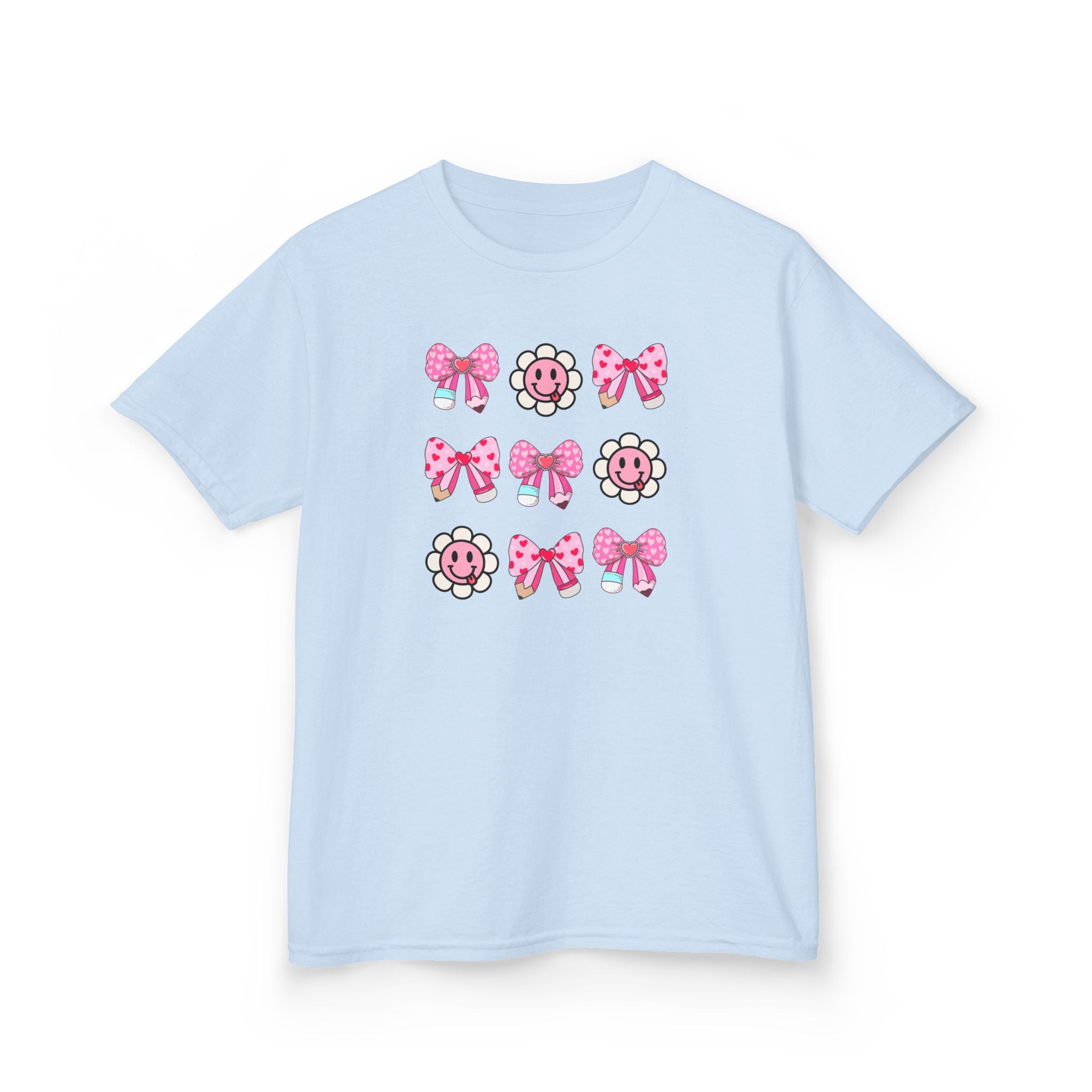 Kids Tee — Pink Bow & Smiling Flower Pattern Cute Graphic Shirt
