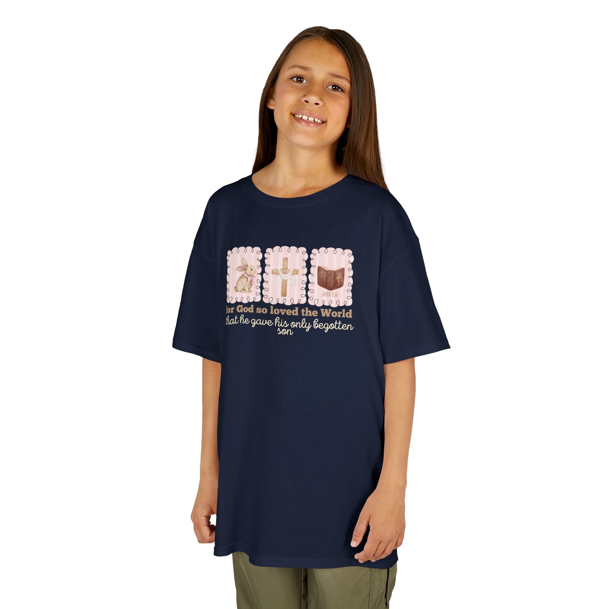 Kids Tee — 'For God So Loved the World' Cute Animal Cross Design
