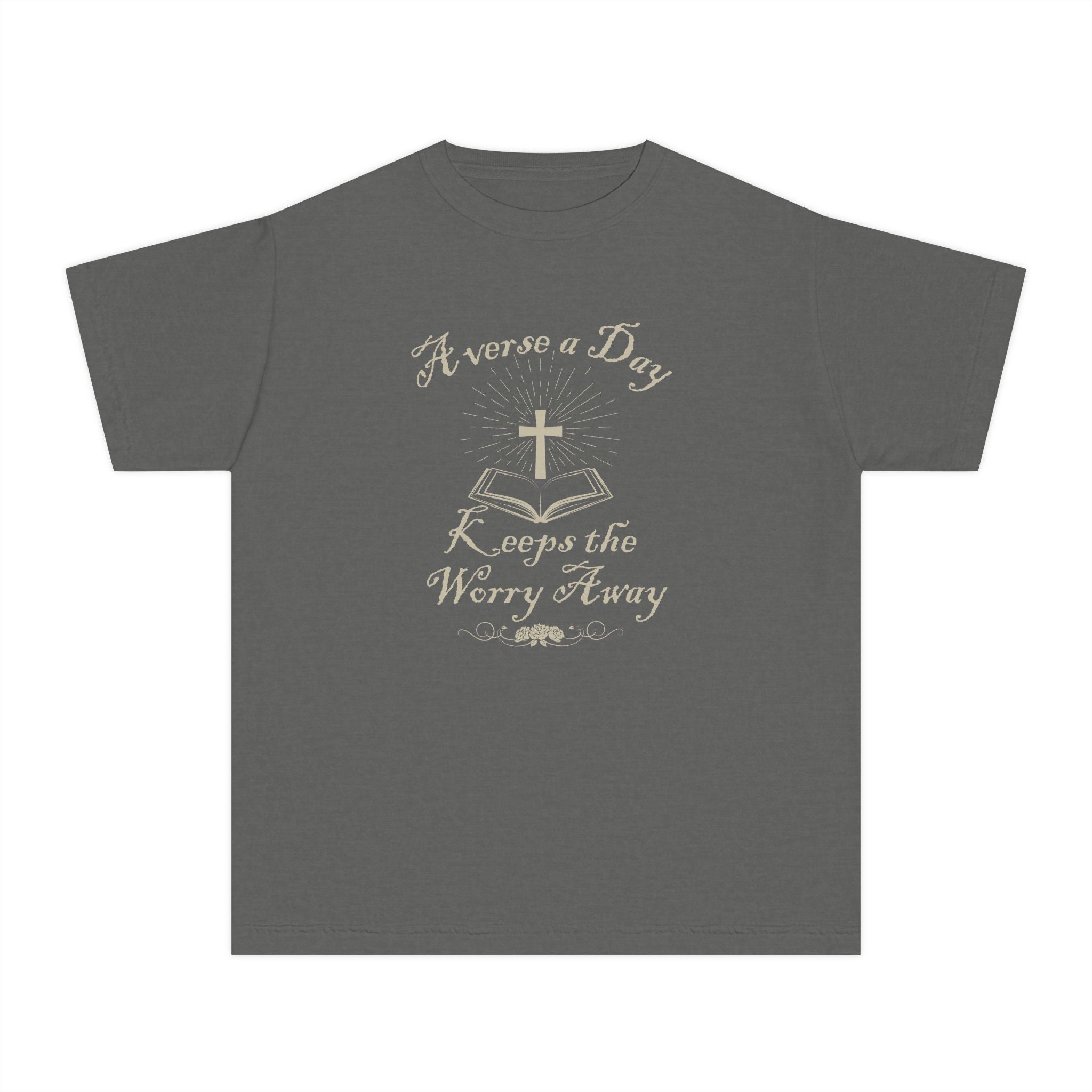Youth Tee — “A verse a Day Keeps the Worry Away” Christian Bible Kids Shirt