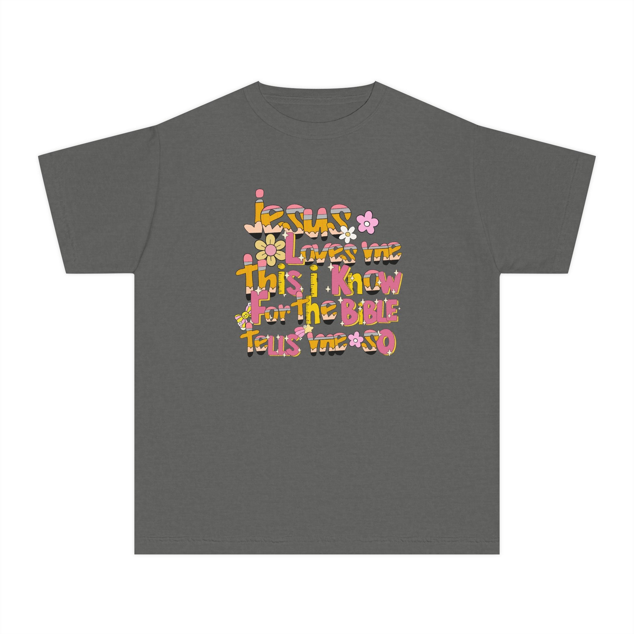Youth Tee — Retro Floral 'Jesus Loves Me' Christian Kids Shirt
