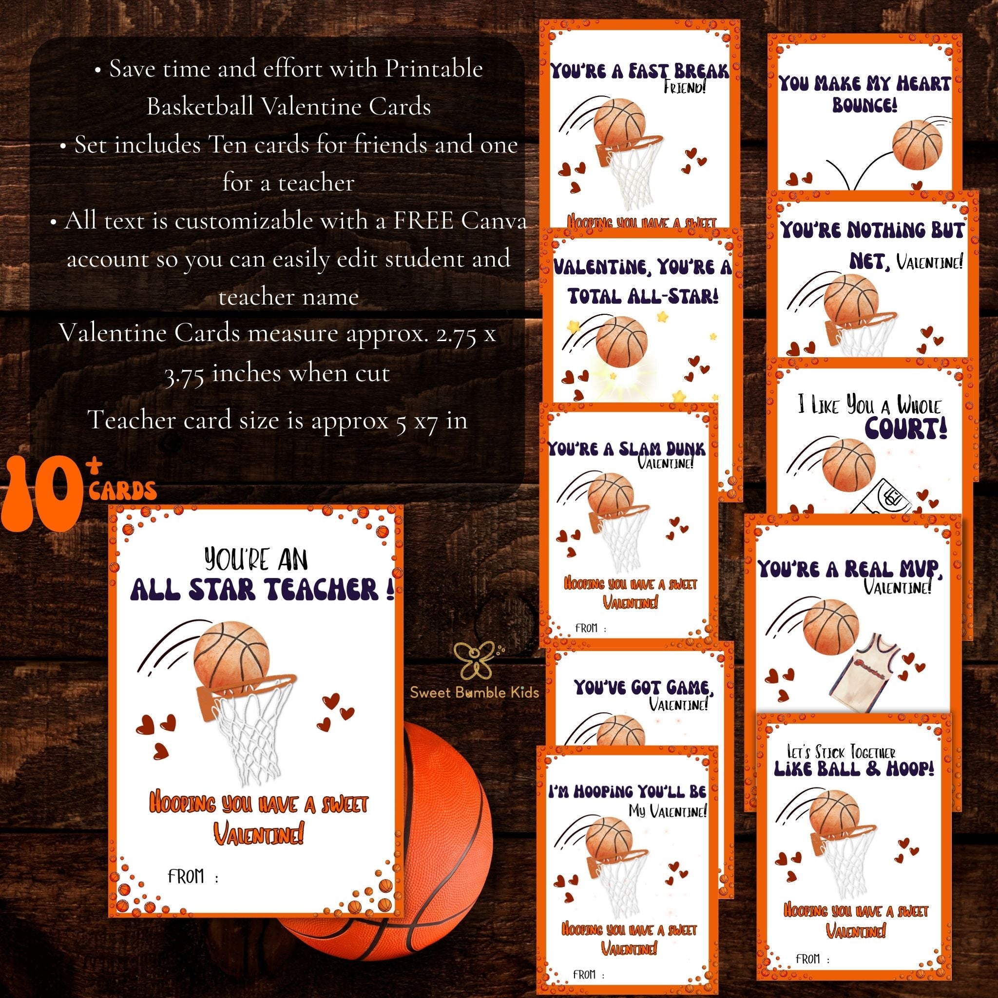 Printable Basketball Valentine Cards, Kids Classroom Valentines Day Card