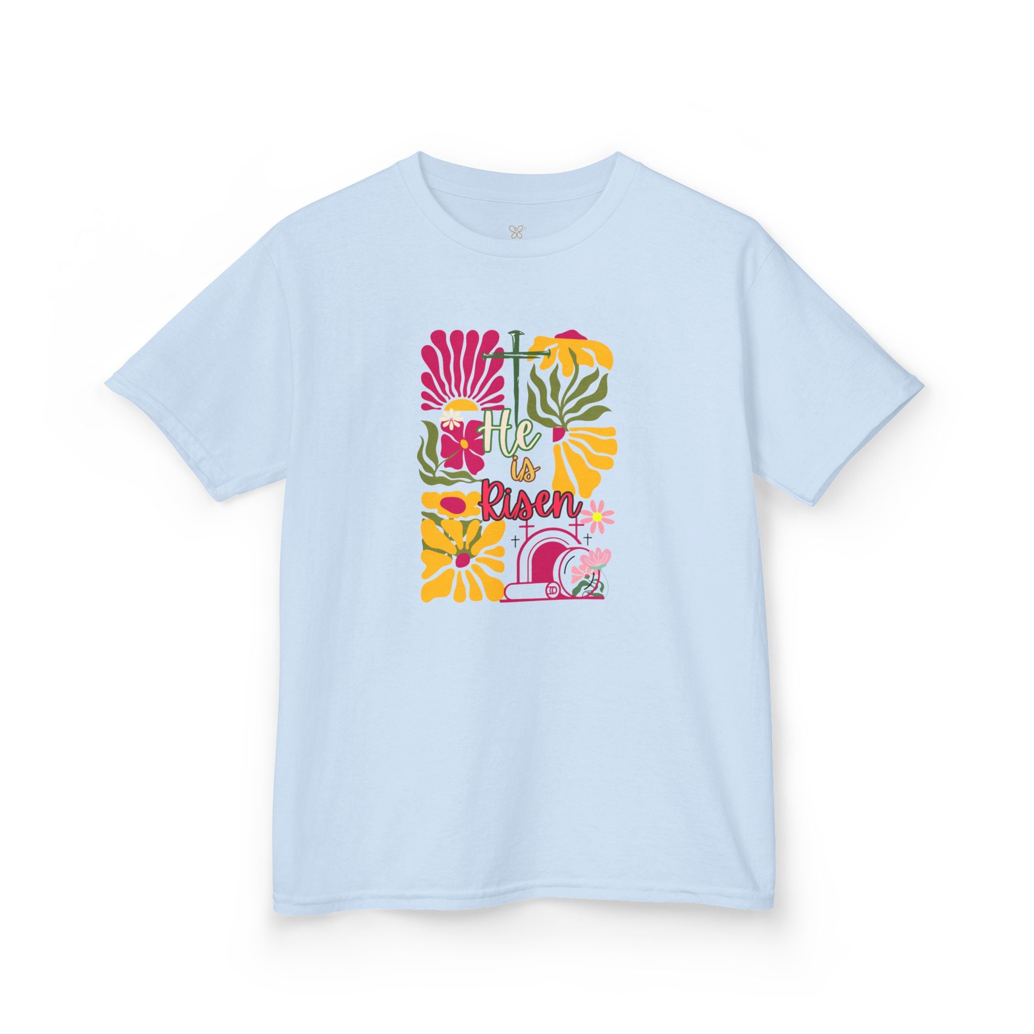Kids Tee — "He Is Risen" Boho Floral Easter Shirt