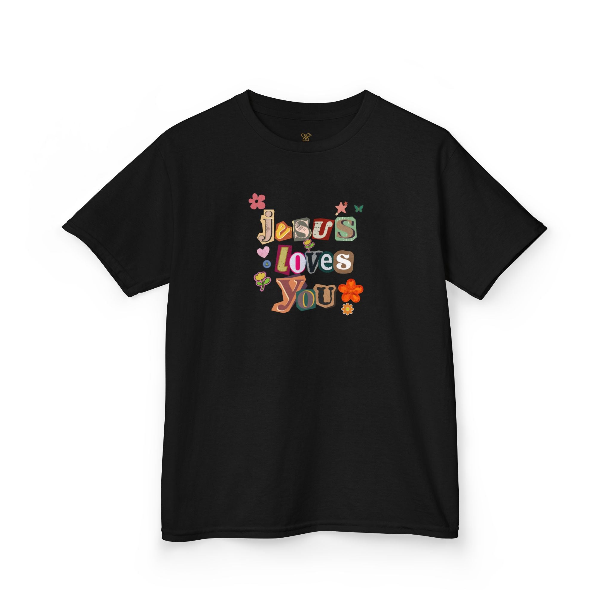 Kids Tee — "Jesus Loves You" Floral Retro Christian Shirt