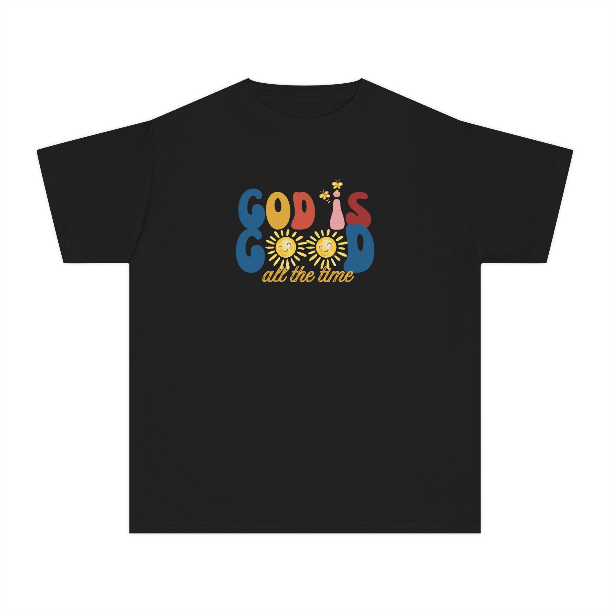 Youth T‑Shirt — "God is Good All the Time" Retro Sunflowers Kids Tee