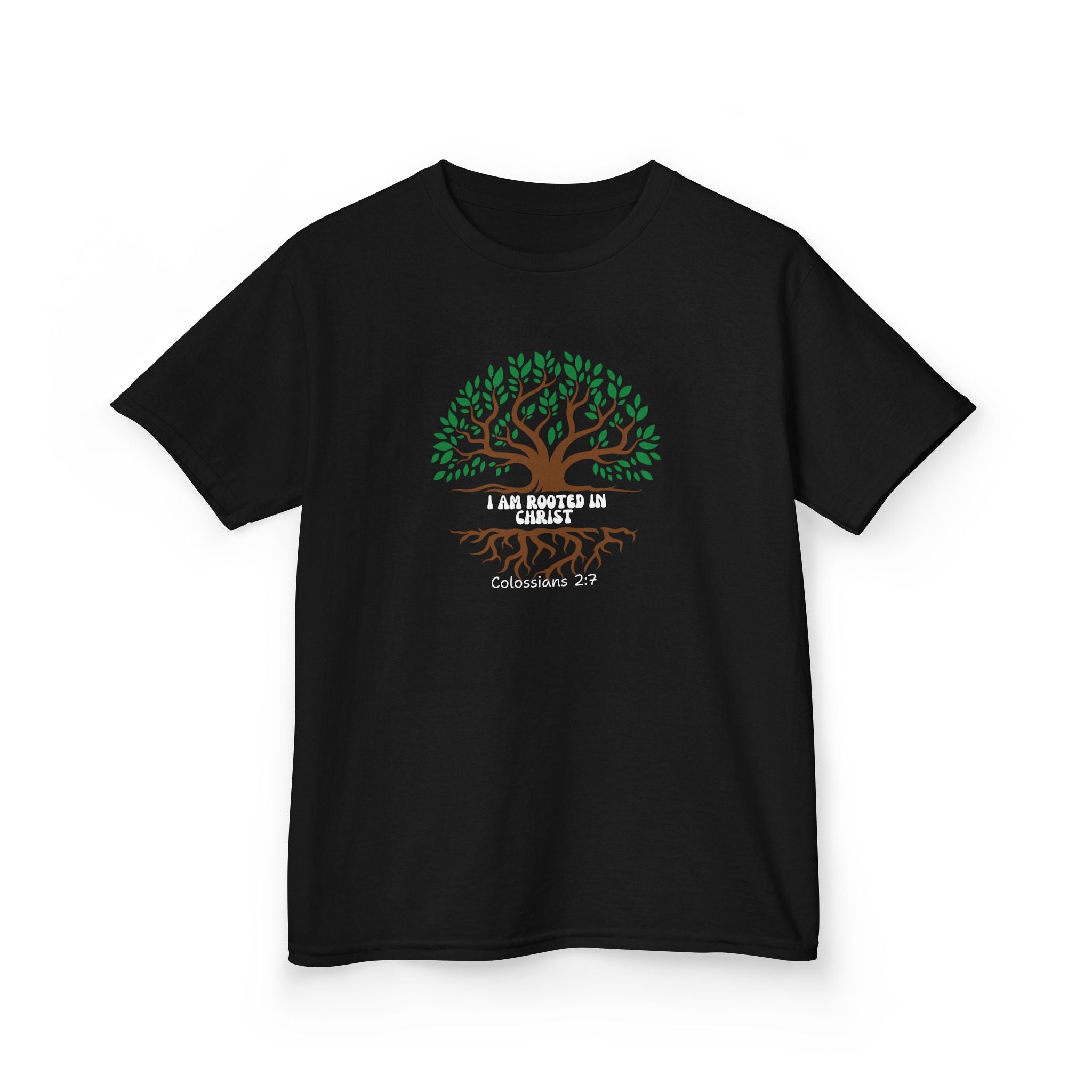 Kids Tee — "I Am Rooted & Built Up" Tree of Life Christian Scripture Shirt (Colossians 2:7)