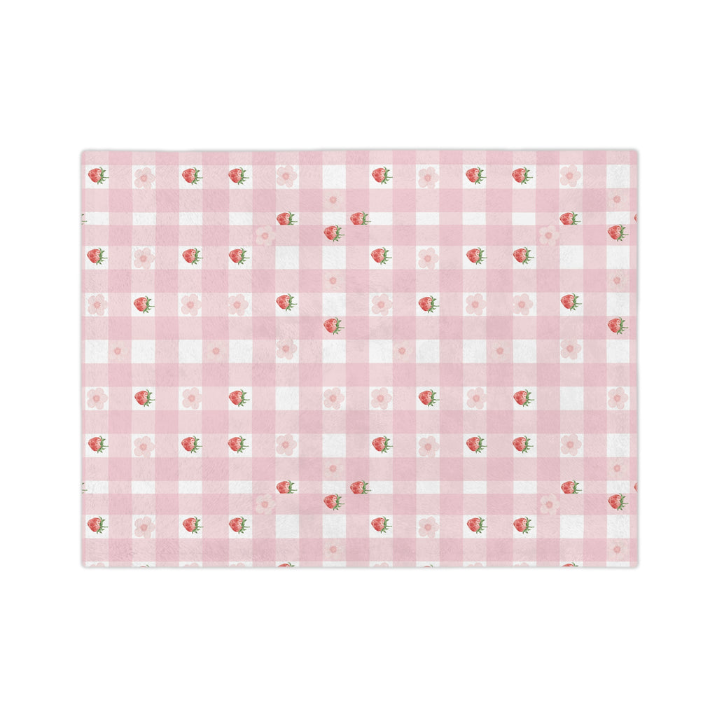 Pink Gingham Strawberry Throw Blanket — Cozy Velveteen Microfiber for Nursery, Picnic & Spring Décor