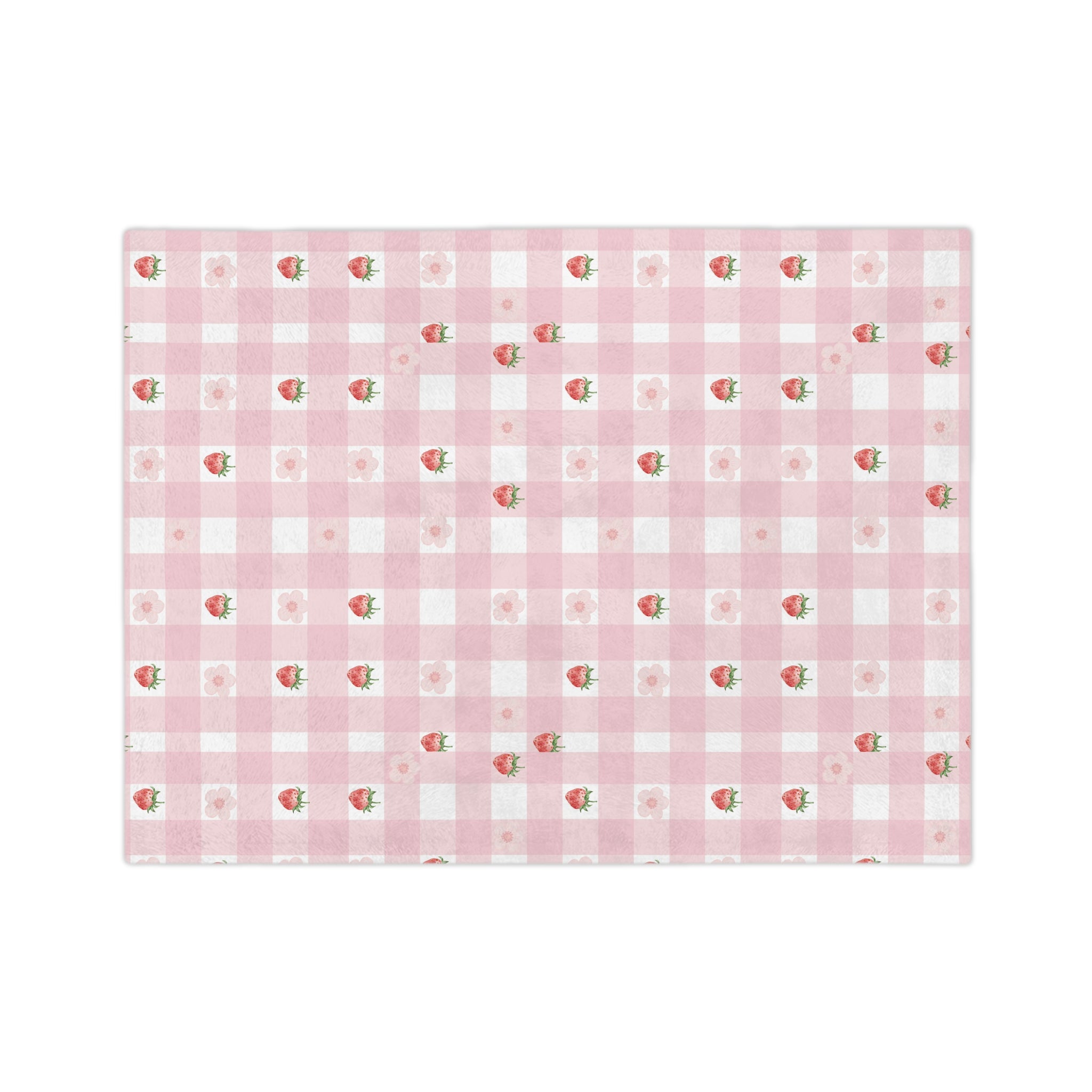 Pink Gingham Strawberry Throw Blanket — Cozy Velveteen Microfiber for Nursery, Picnic & Spring Décor